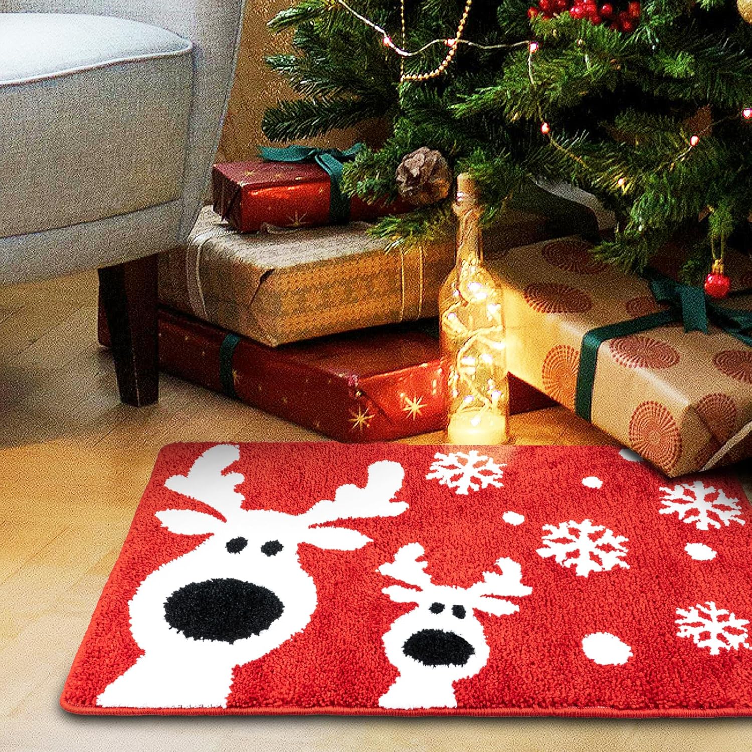 Christmas Bath Rugs, Cute Holiday Decor Mat Non-Slip Absorbent Washable, Fluffy Microfiber Plush Xmas Festive Red Shaggy Floor Rugs, Shower Mats for Bathtub(32"x20",Reindeer)