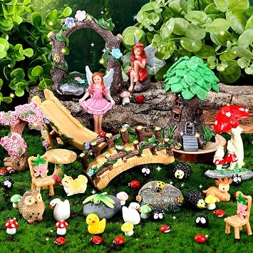 44 Pcs Fairy Garden Kit Miniature Fairy Garden House Accessories with Resin Elves Animal Plant Furniture Tiny Figurines Decor, Enchanted Spring Micro Landscape Ornaments for DIY Dollhouse Terrarium