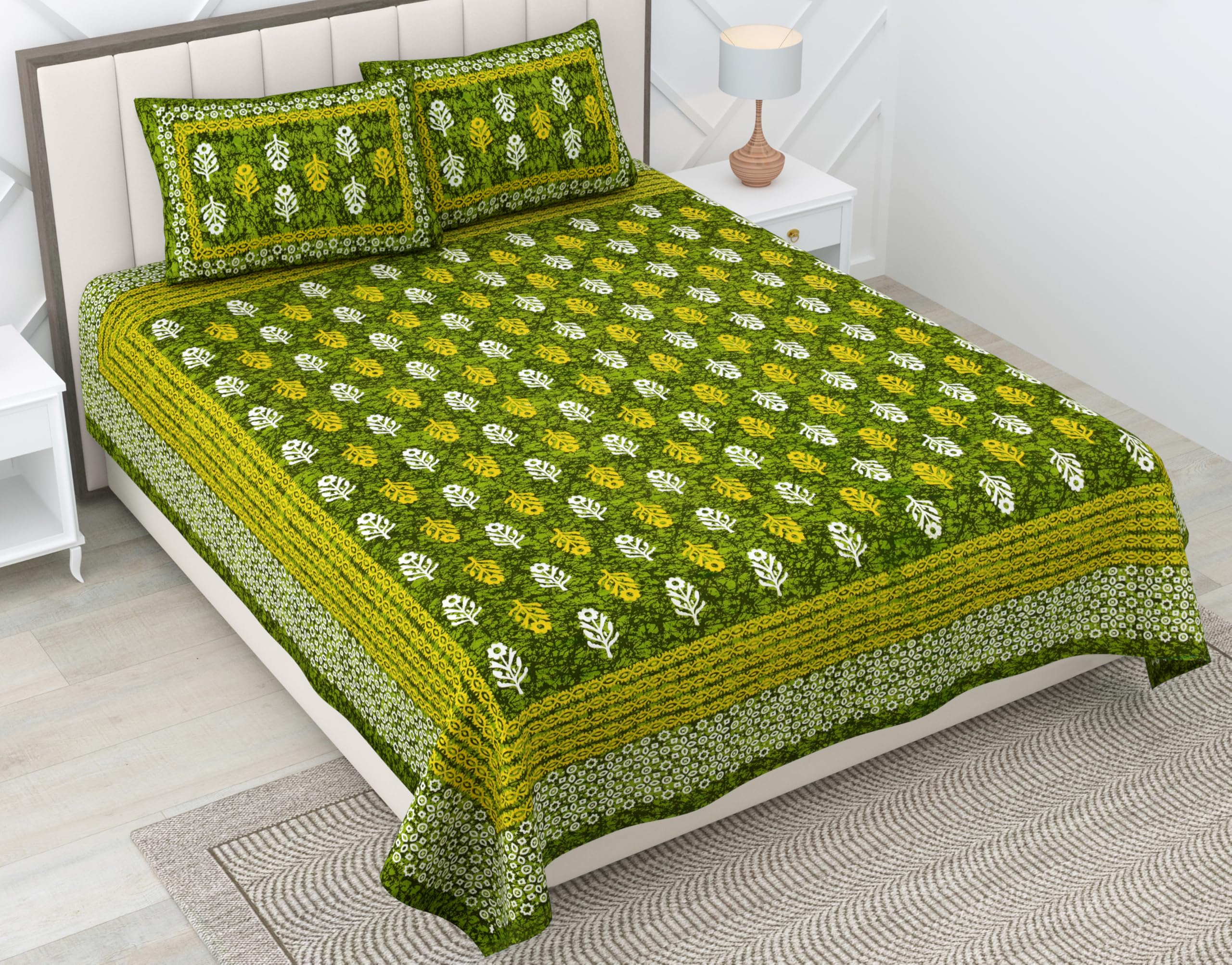 RajasthaniKart® 100% Cotton 180 TC King Size BEDSHEET with 2 Pillow Cover - 90X108 (Suitable for King Size Bed Sheet or Double Bed, Green Booty Jaipuri, 5300)