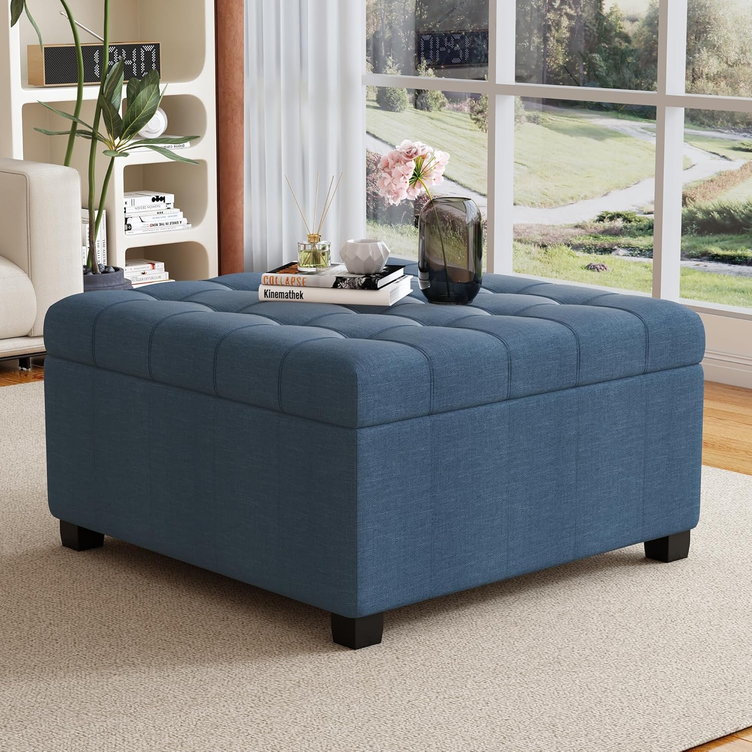 Merax 31" Modern Storage Ottoman Fabric Foot Rest Waffle Stitch Pattern Multifunctional Extra Seat, Side Table, Footstool for Living Room Bedroom