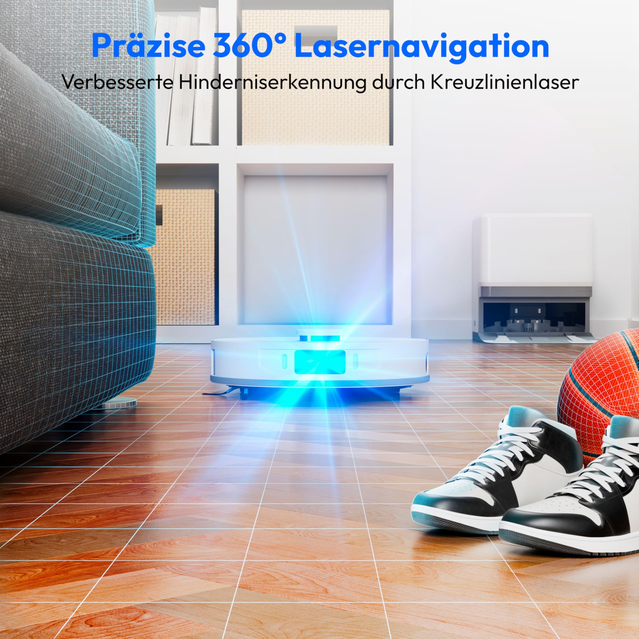 MEDION Saugroboter mit 3-in-1 Absaugstation, Lasernavigation und Wischfunktion X55 SW+ (Starke 10000Pa Saugkraft, 2in1 Roboterstaubsauger, rotierende Wischmopps, Kreuzlinienlaser)