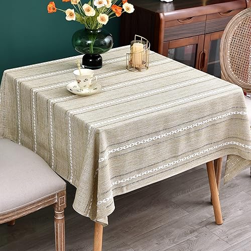 Miniatura 2 de NEWISHER Mantel cuadrado pequeño bordado rústico de jacquard a rayas, mantel de lino lavable para mesa de comedor, cocina, comedor, decoración del