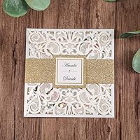 Vista 12 de Tarjetas de invitaciones de boda cuadradas de 6.3 x 6.3 pulgadas, corte calado mediante láser, diseño floral, con banda dorada y sobres blancos