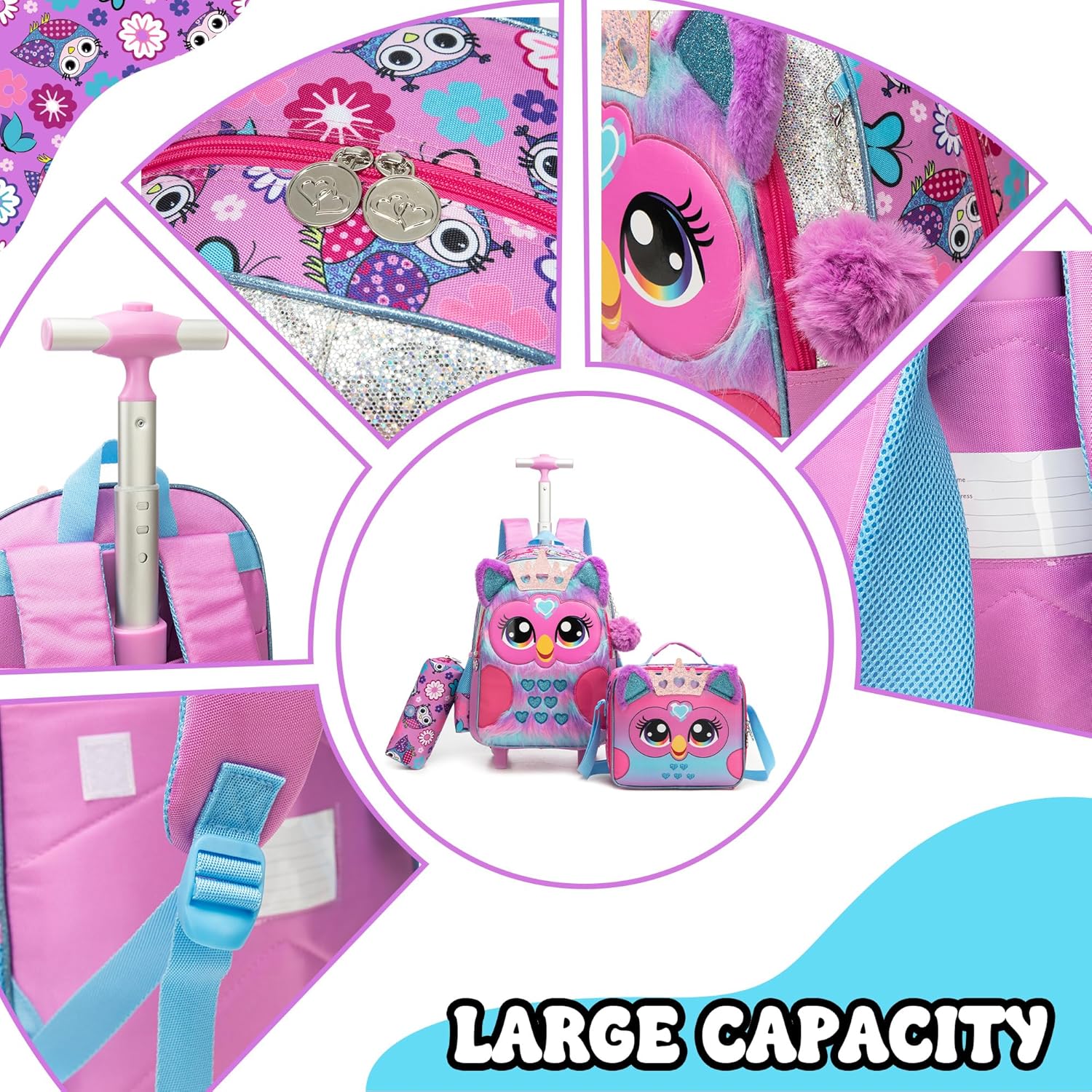 Meetbelify Backpack with Wheels for Girls Rolling Backpack Cute Carry on Backpack Kids Luggage with Lunch Box Pencil Case for Elementary Student