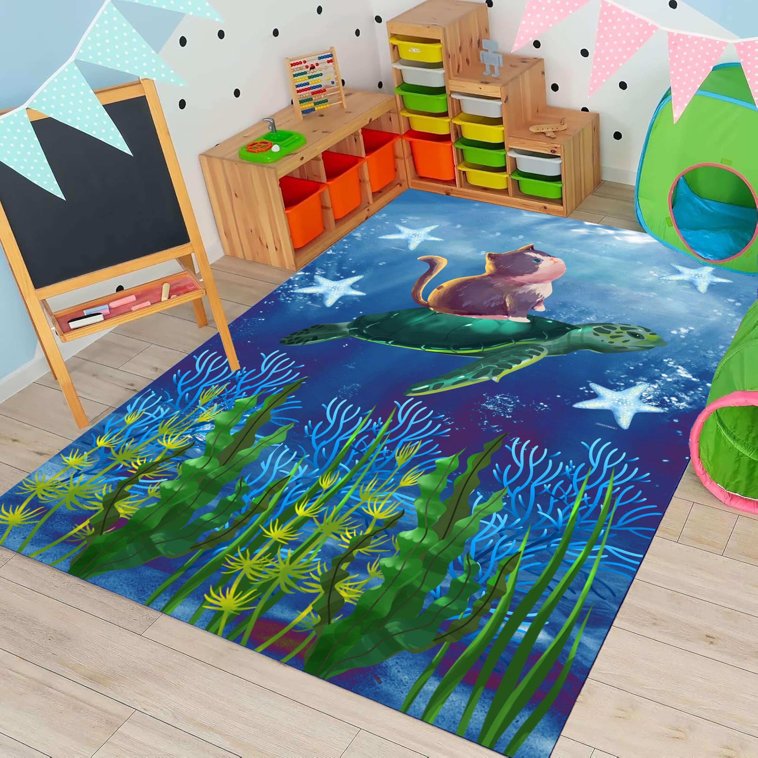 Cute Animal Area Rug, 160x230cm Cartoon Animal Cat Turtle Coral Starfish Ocean-Style Children's Decorative Rugs, Soft Easy-To-Clean Low-Pile Non-Slip Carpet for Classrooms Nurseries Daycare Centers