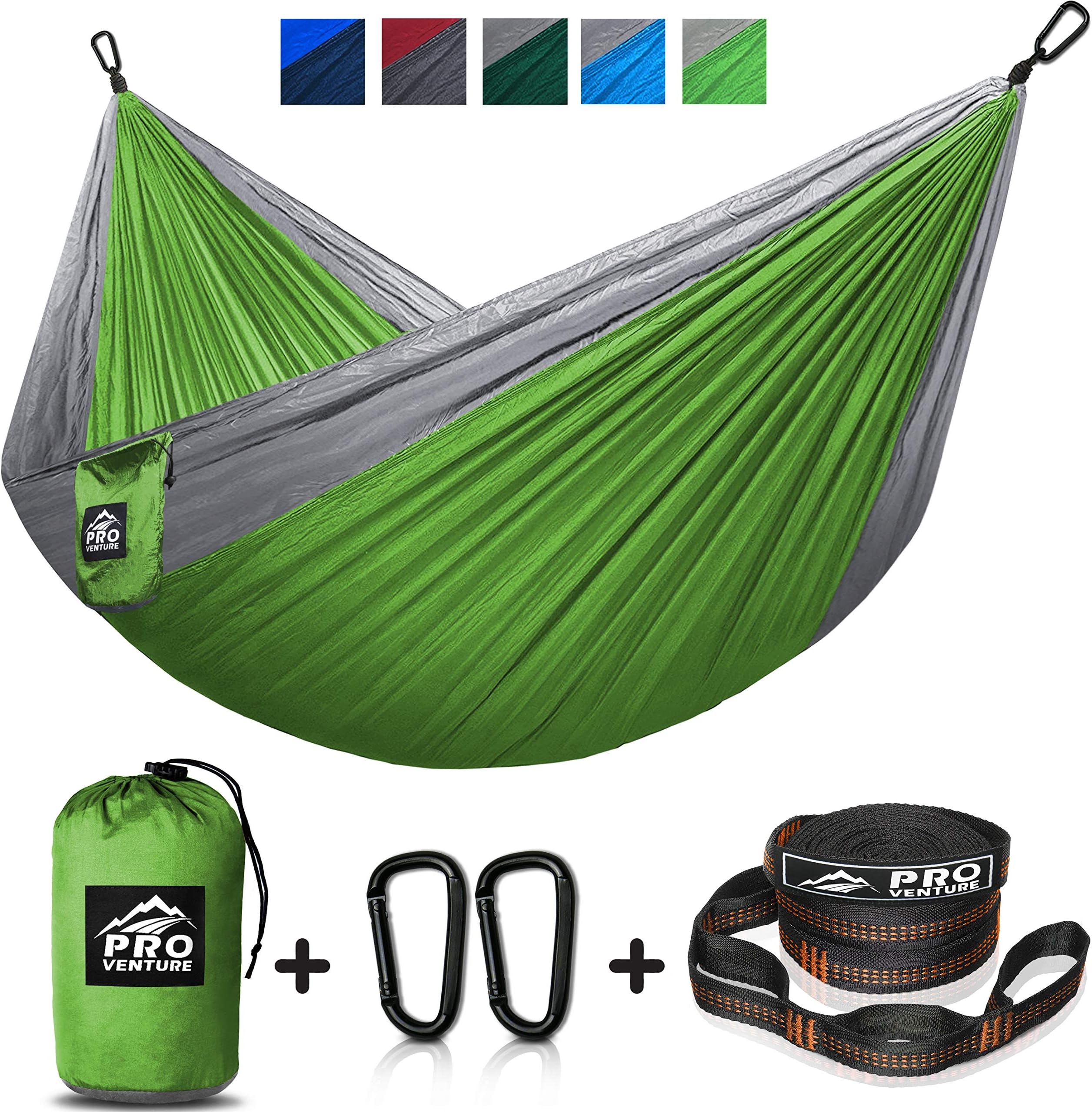 Pro Venture Hammocks - Double or Single Hammock 400lbs (+2 Tree Straps + 2 Carabiners) - Portable 2 Person, Safe, Strong, Lightweight Nylon 210T - for Camping, Backpacking, Hiking, Patio