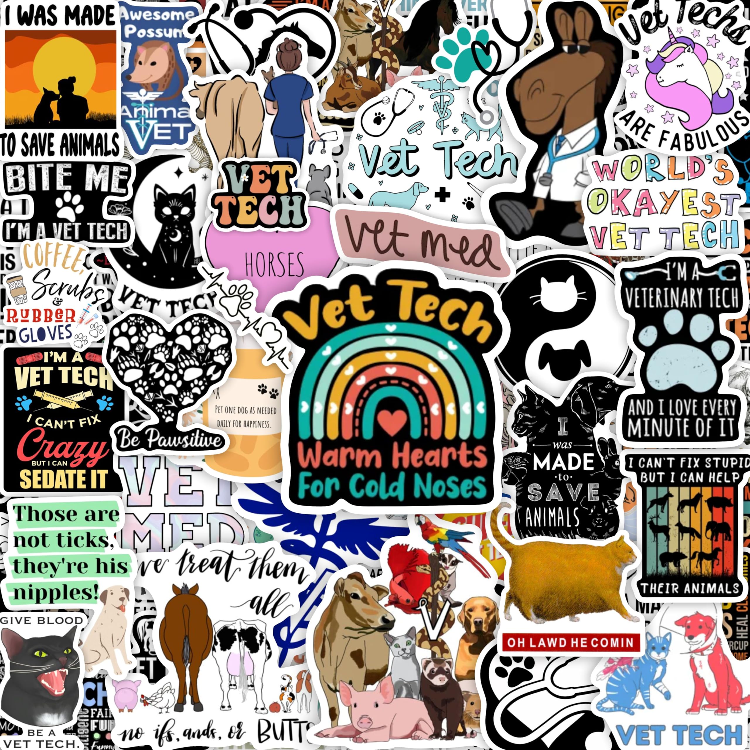 BulbaCraft 100Pcs Funny Vet Tech Stickers, Veterinary Technician Decals - Vet Tech Gifts Bulk, Veterinary Technician Present, Gifts for Women & Men