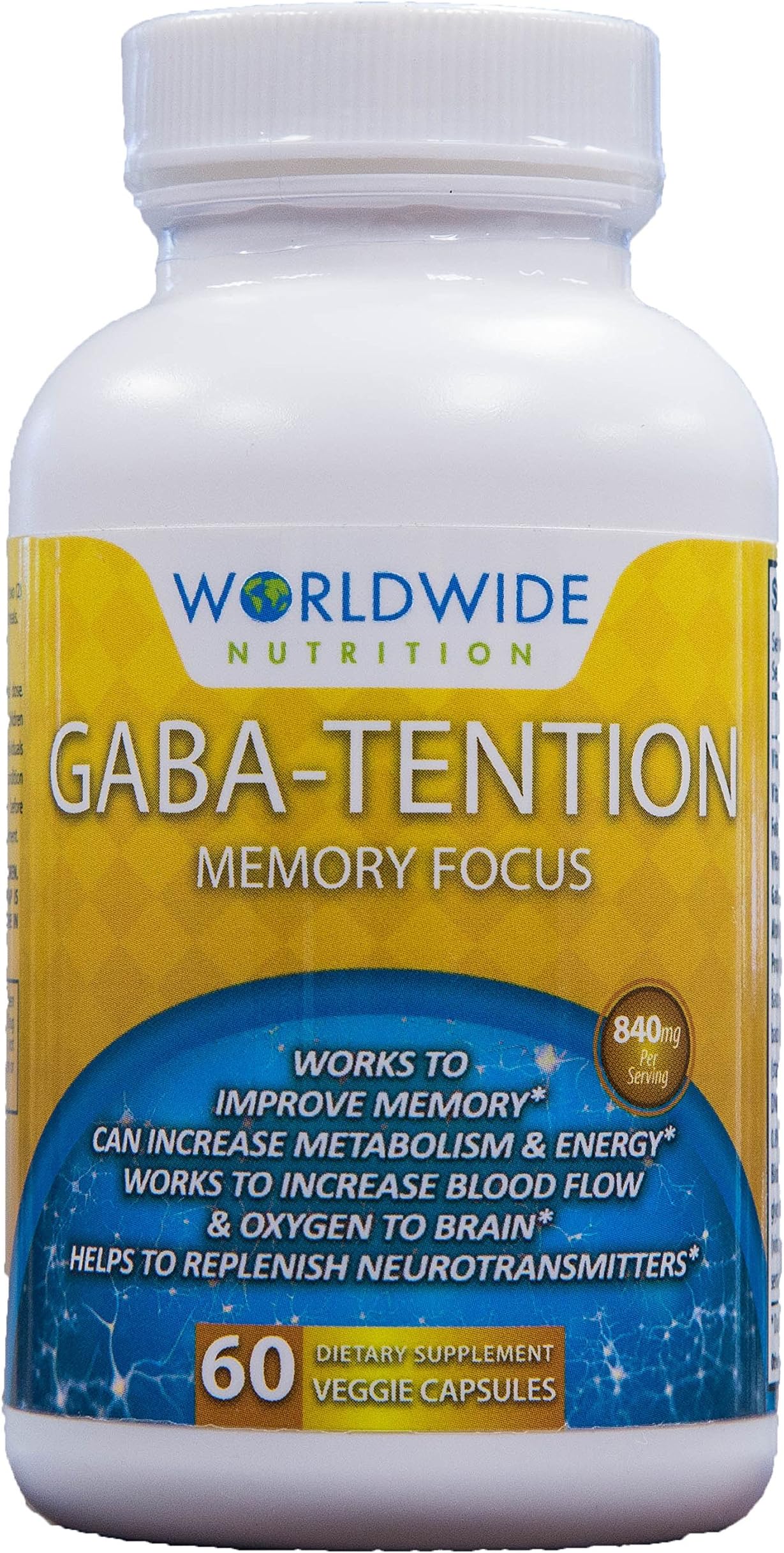 Worldwide Nutrition GABA Supplement (Gamma Aminobutyric Acid) High Potency Extract - 60 Vegetarian Capsules - 840mg