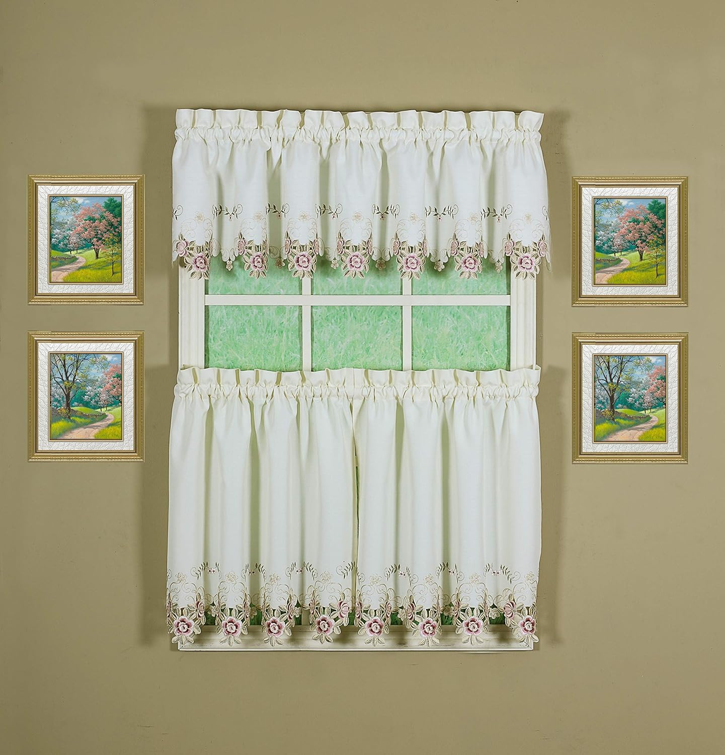 Today's Curtain Verona Reverse Embroidery Tier, 30", Ecru/Rose, 60" W X 30" L