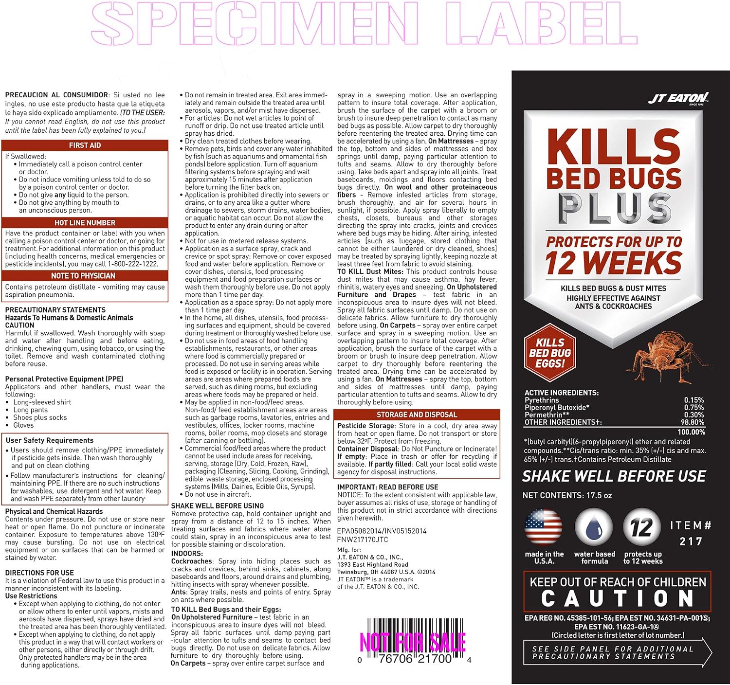 JT Eaton 217 Kills Bed Bugs Plus Aerosol Water Based Insect Spray