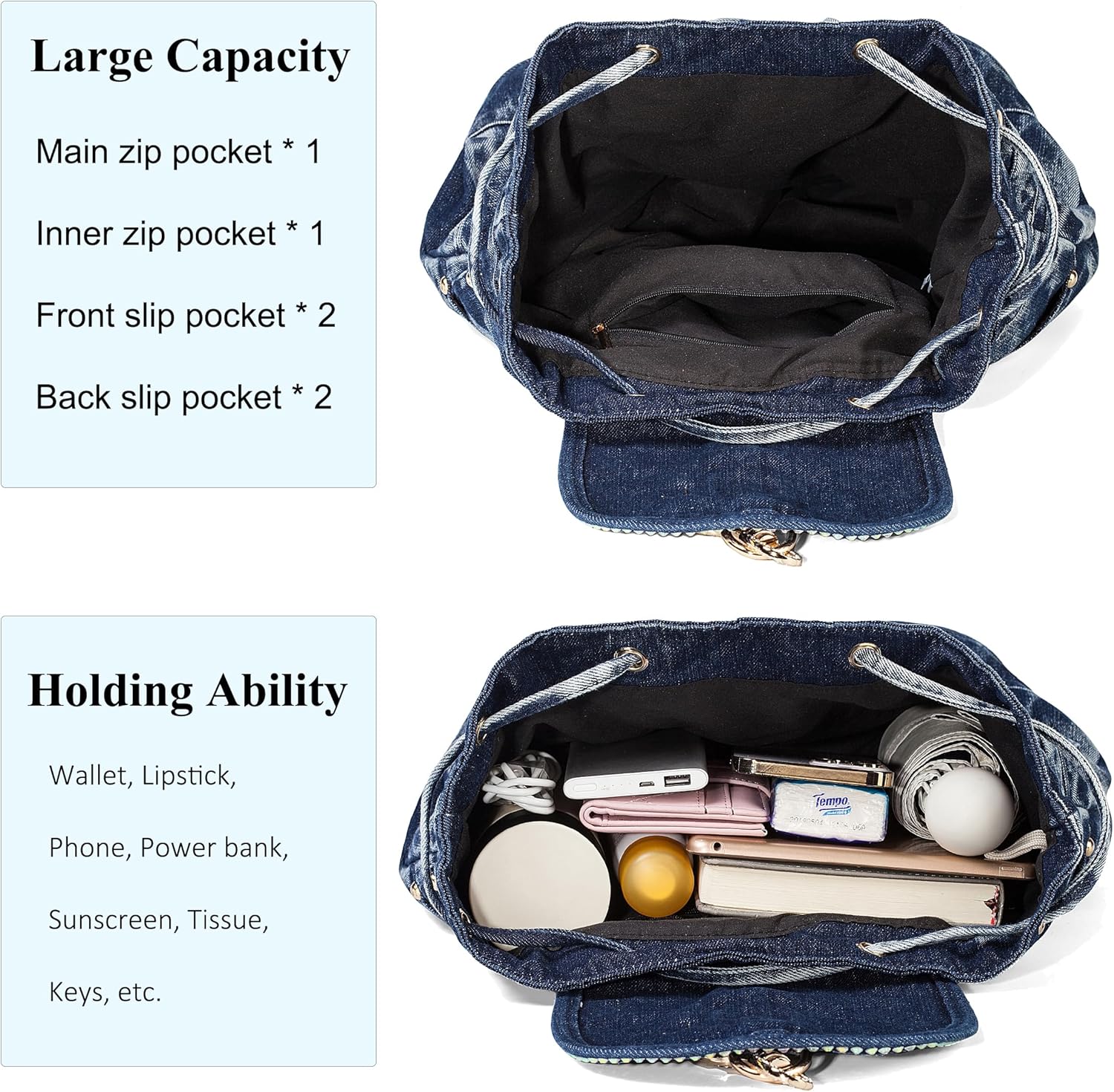 Fashion Denim Backpack Purse for Women Jean Bags With Rhinestones Decorations Casual Daypacks (With Beach Glasses Blue) - Image 4