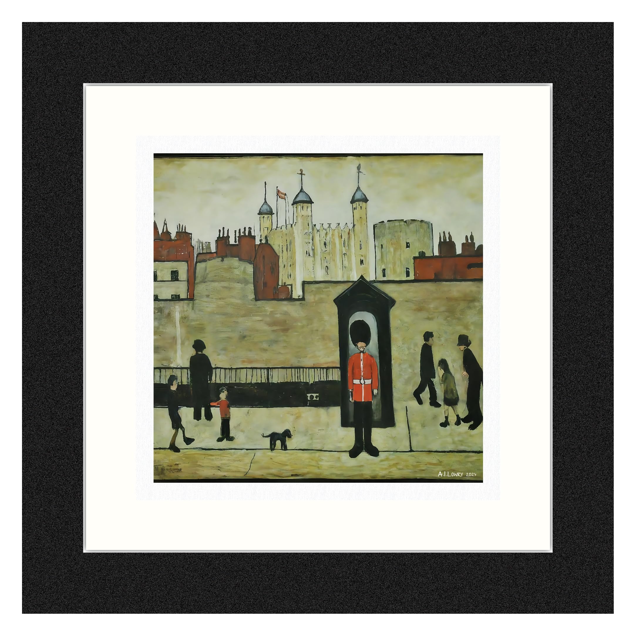 Greetingles Lowry-Style 12"/31cm Square Framed Print. Beautiful Black Ash Frame (Lowry, On Guard) — image 1