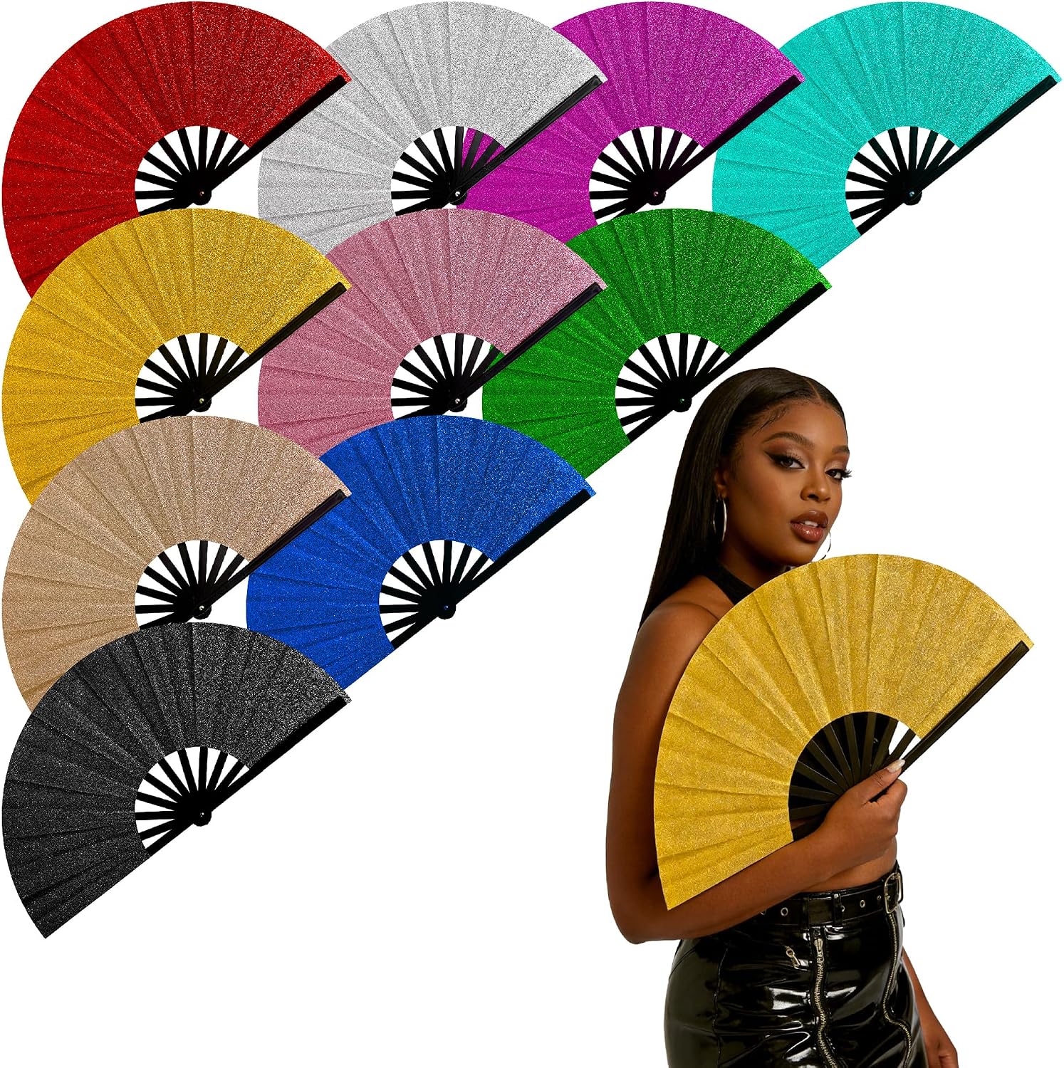 Boots on the Ground Hand Fan: 10pcs 13 inch Colorful Glitter Rave Fan Handheld Clacking Fans for Line Dancing Fans for Women Foldable Bulk for Dance Festival Church Birthday Shower