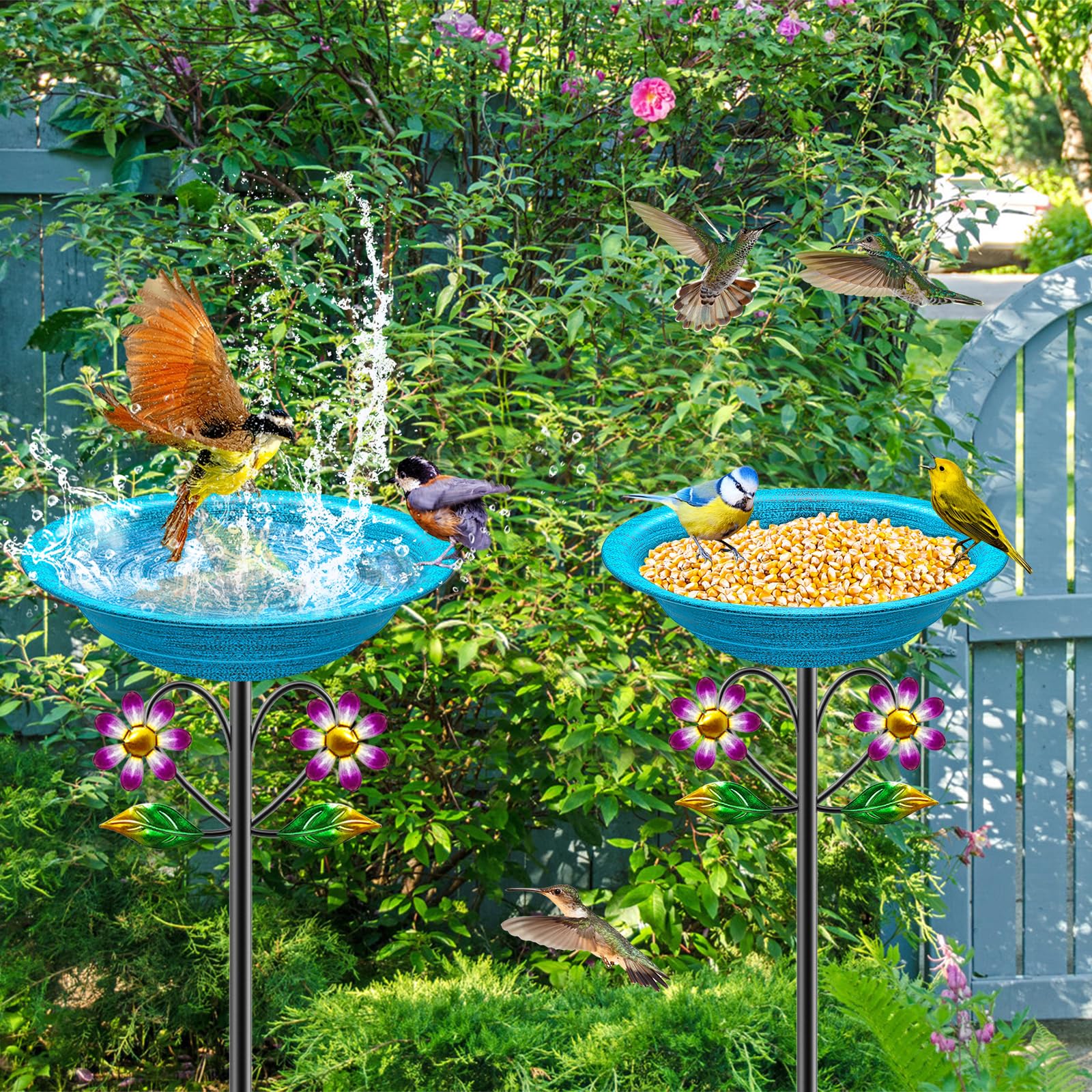 Vogeltränke aus Metall für den Außenbereich, Garten, Vogeltränke, freistehende Vogelfutterspender für den Außenbereich, mit 5 Zinken, Bodenpfahl, stehende Vogelfutterspender, Badeschale für
