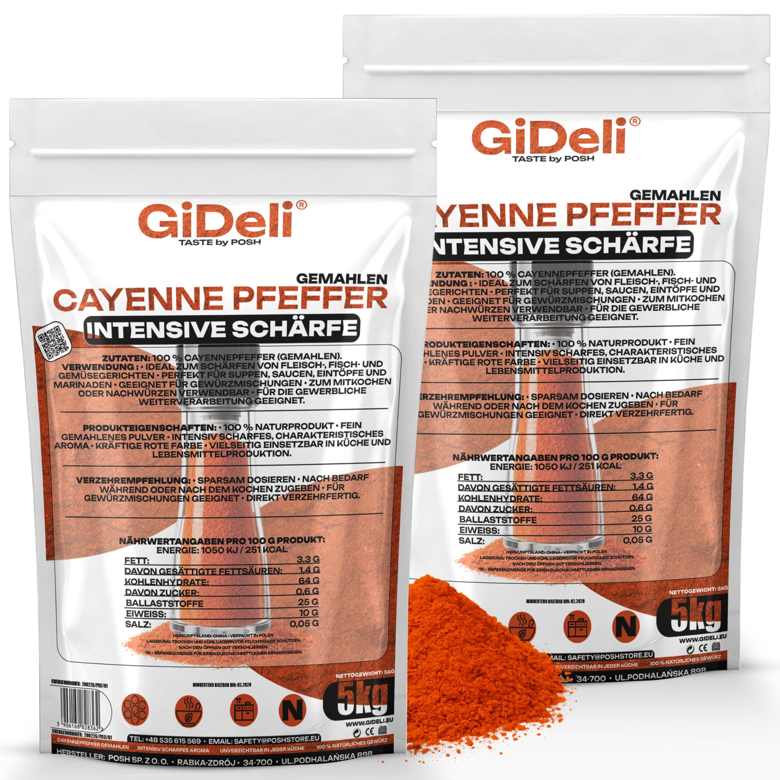 GiDeli Cayenne Pfeffer 2 x 5kg - Fein Gemahlenes Chilipulver für Fleisch, Fisch, Suppen und Soßen - Mexikanische und asiatische Küche - Scharf Intensiver Geschmack - 100% Naturprodukt