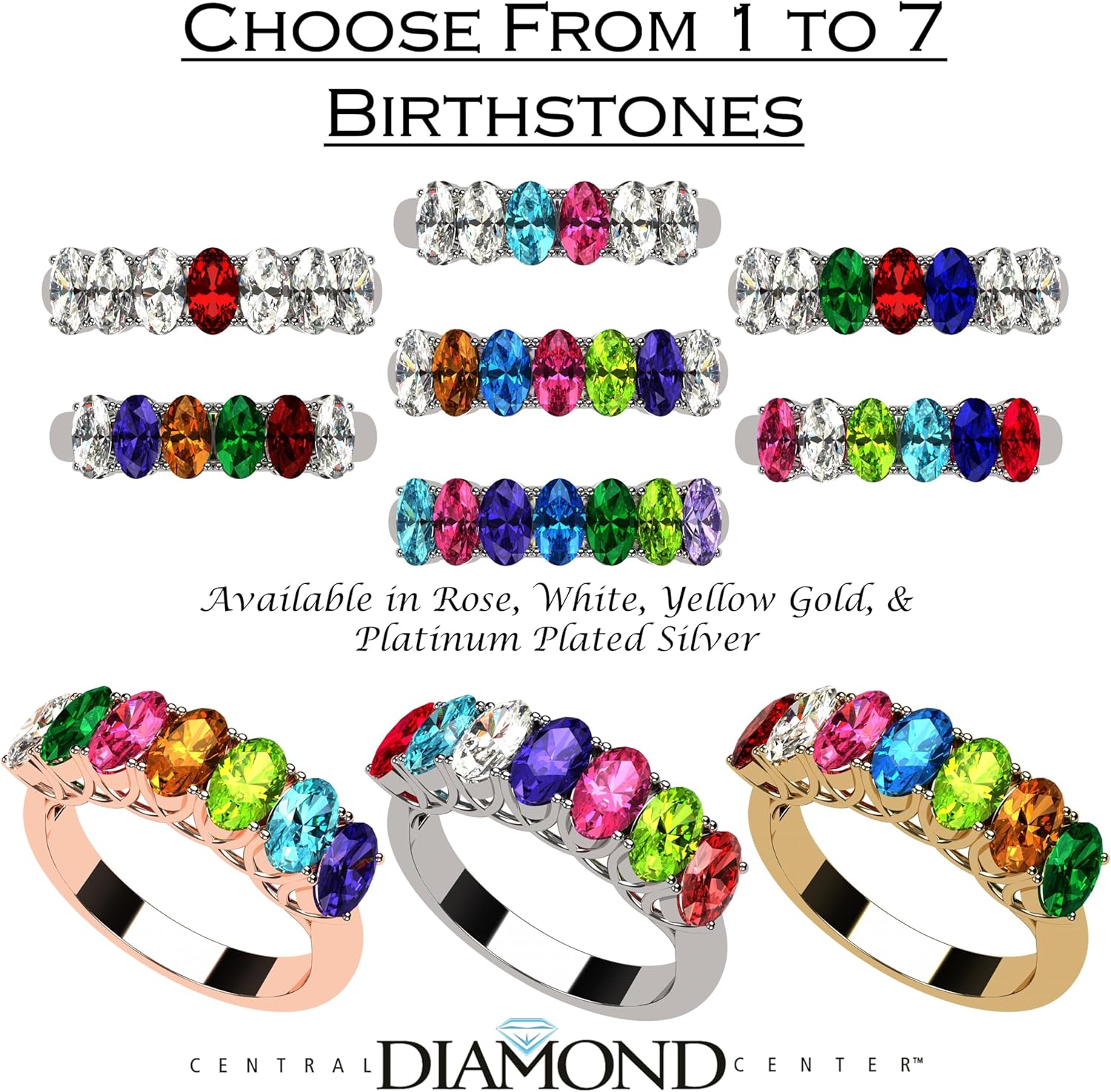 Central Diamond Center Lucita Mothers Rings w/ 1 to 7 Simulated Birthstones in Sterling Silver, 10K or 14K Gold