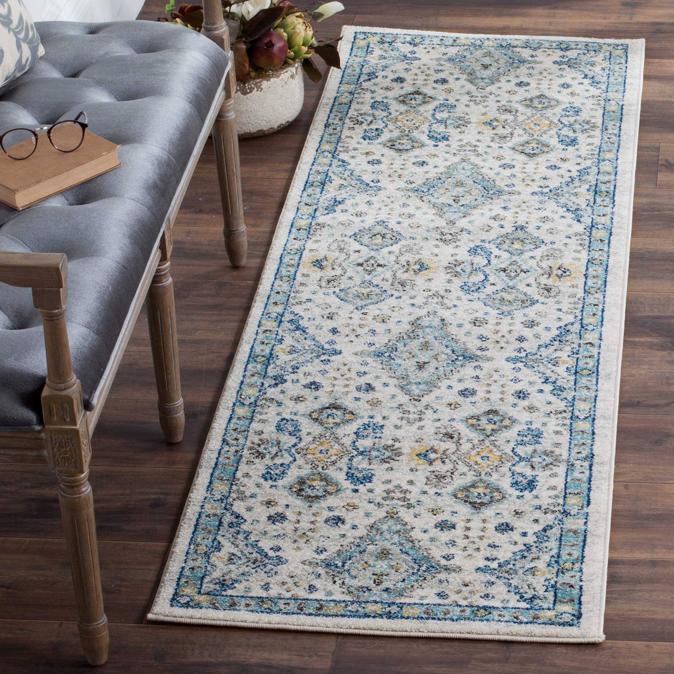 Safavieh EVK224C Tappeto Runner Boho Oriental, Antimacchia, 2x20 Cm, Colore Avorio/Azzurro, Per Soggiorno E Camera Da Letto
