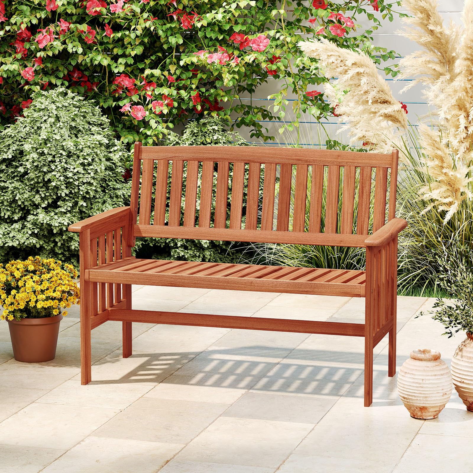 COSTWAY Gartenbank Holz, Holzbank wetterfest, 2-Sitzer Sitzbank, Balkonbank mit Armlehnen, Terrassenbank, Parkbank für Garten, Balkon, Terrasse, 119 x 59,5 x 89 cm