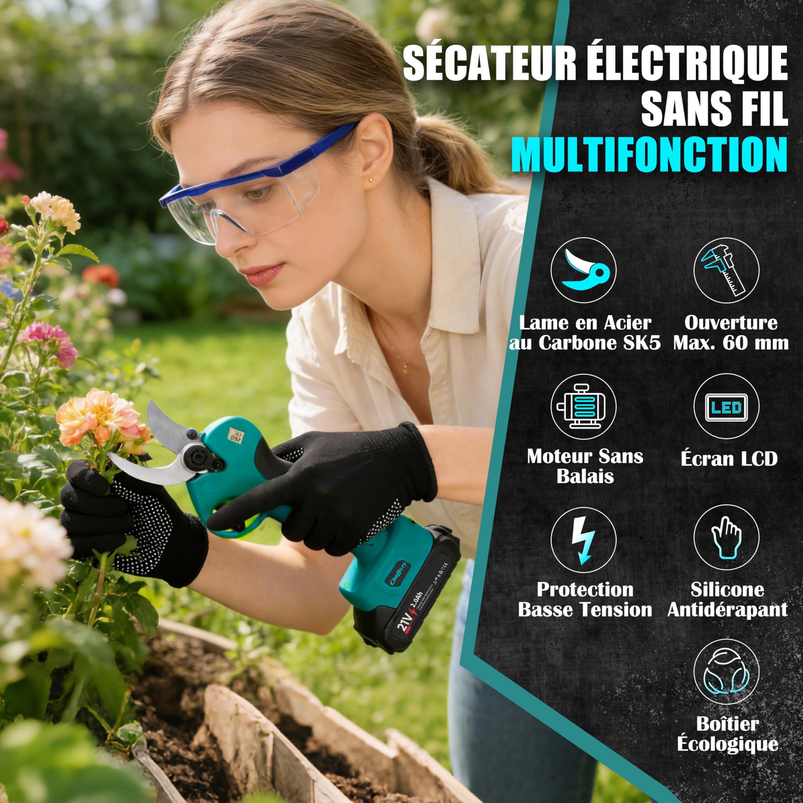 Secateur Electrique Sans Fil, 60mm Sécateur à Batterie avec Lames Sharp SK5 800W Moteur Sans Balais Écran LCD, Coupe Branche Electrique pour Jardin Verger Ferme (Avec Batterie)