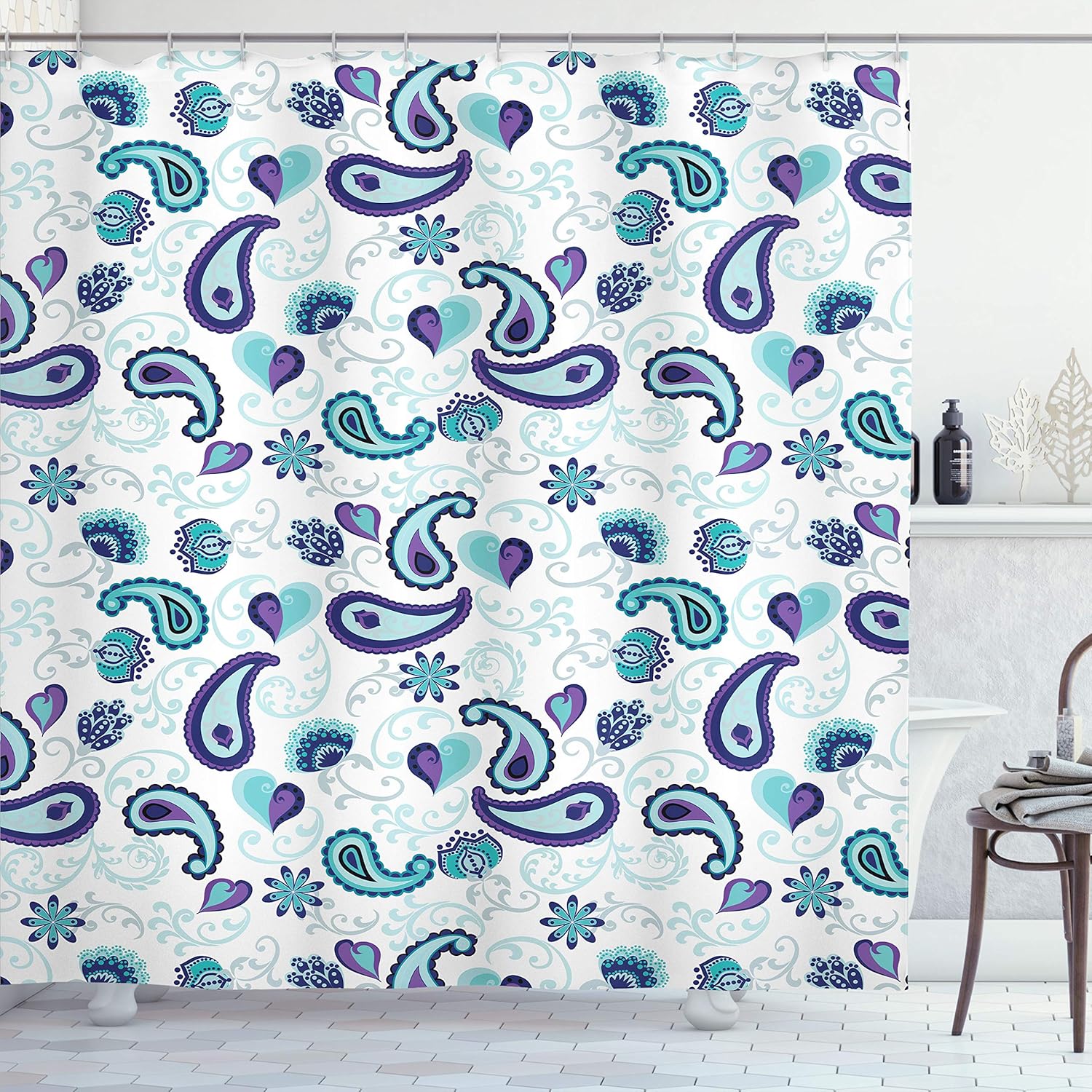 Ambesonne Paisley Shower Curtain, Style Rose and Swirled Floret Buds Bohemian Lady Feminine Art Print, Cloth Fabric Bathroom Decor Set with Hooks, 75" Long, Pale Mauve