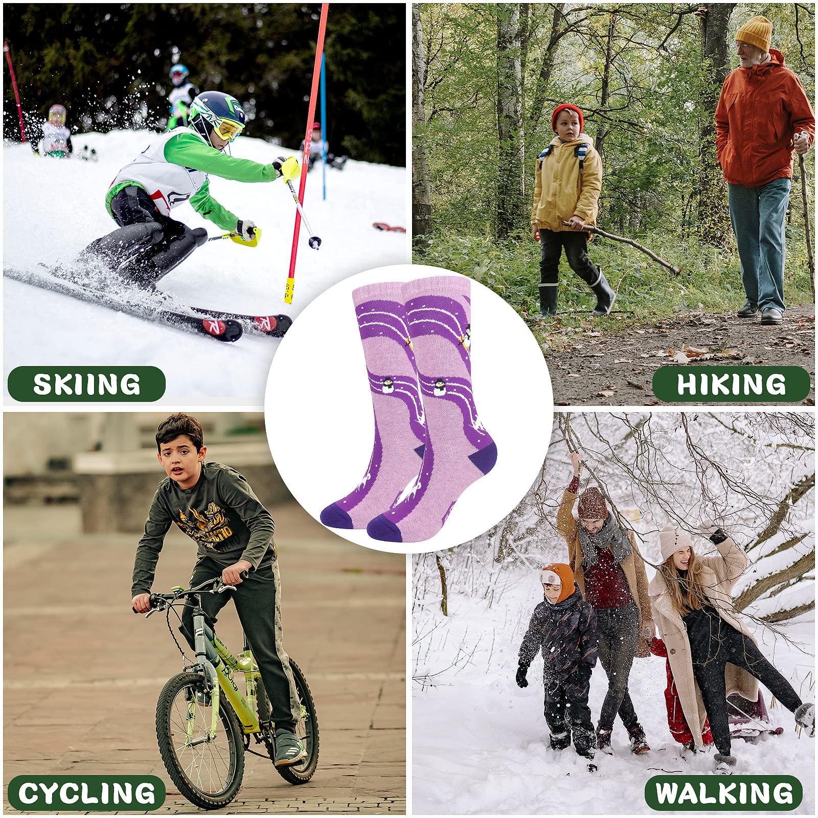 KOOOGEAR Calcetines de esquí para niños, calcetines térmicos largos hasta la rodilla para niñas y niños, coloridos calcetines deportivos para botas de nieve, para patinaje, esquí, snowboard, niños
