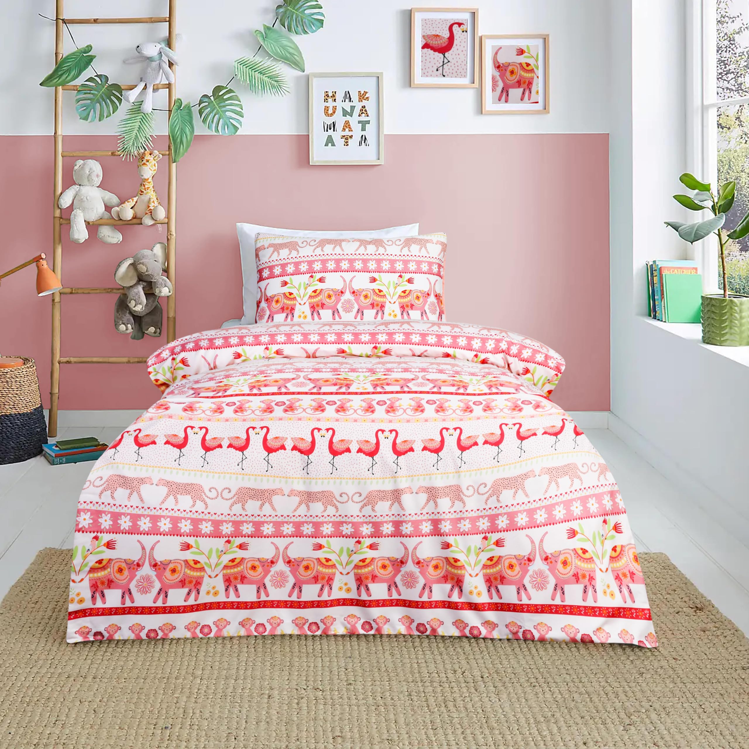 Sleepdown Girls Pink, White Pink Flamingo Duvet Set - Kids Single Duvet Set With Pillowcase For - Reversible Soft Quilt Bedding Set - Single - 135Cm X 200Cm