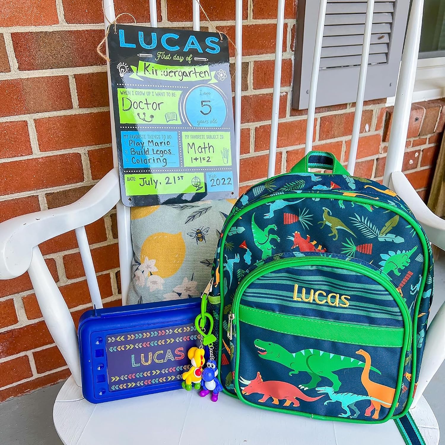 Personalization Universe Stephen Joseph Personalized Dino Backpack for Kids - Custom Name Embroidery, Toddler & Preschool Size, Adjustable Straps, Mesh Pocket, 100% Polyester - 11" x 13" Small