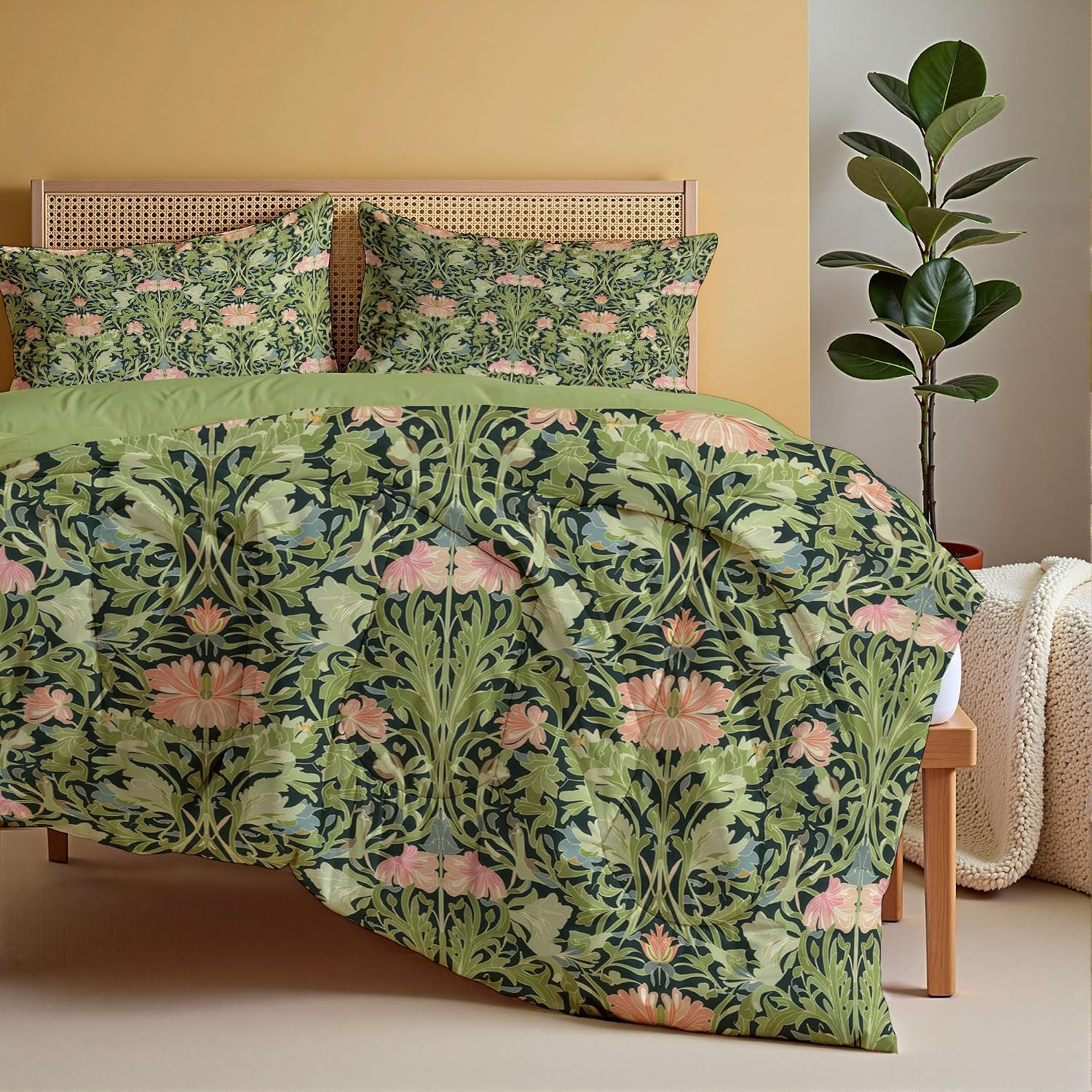 Garden Flowers Quilt Set Queen 3 Pieces, Olive Green Quilts Bedding Set Wild Rose Branches and Leaves Bedspread Bed Cover Lightweight Spring Summer Beds Coverlet for All Season - 90"X90"