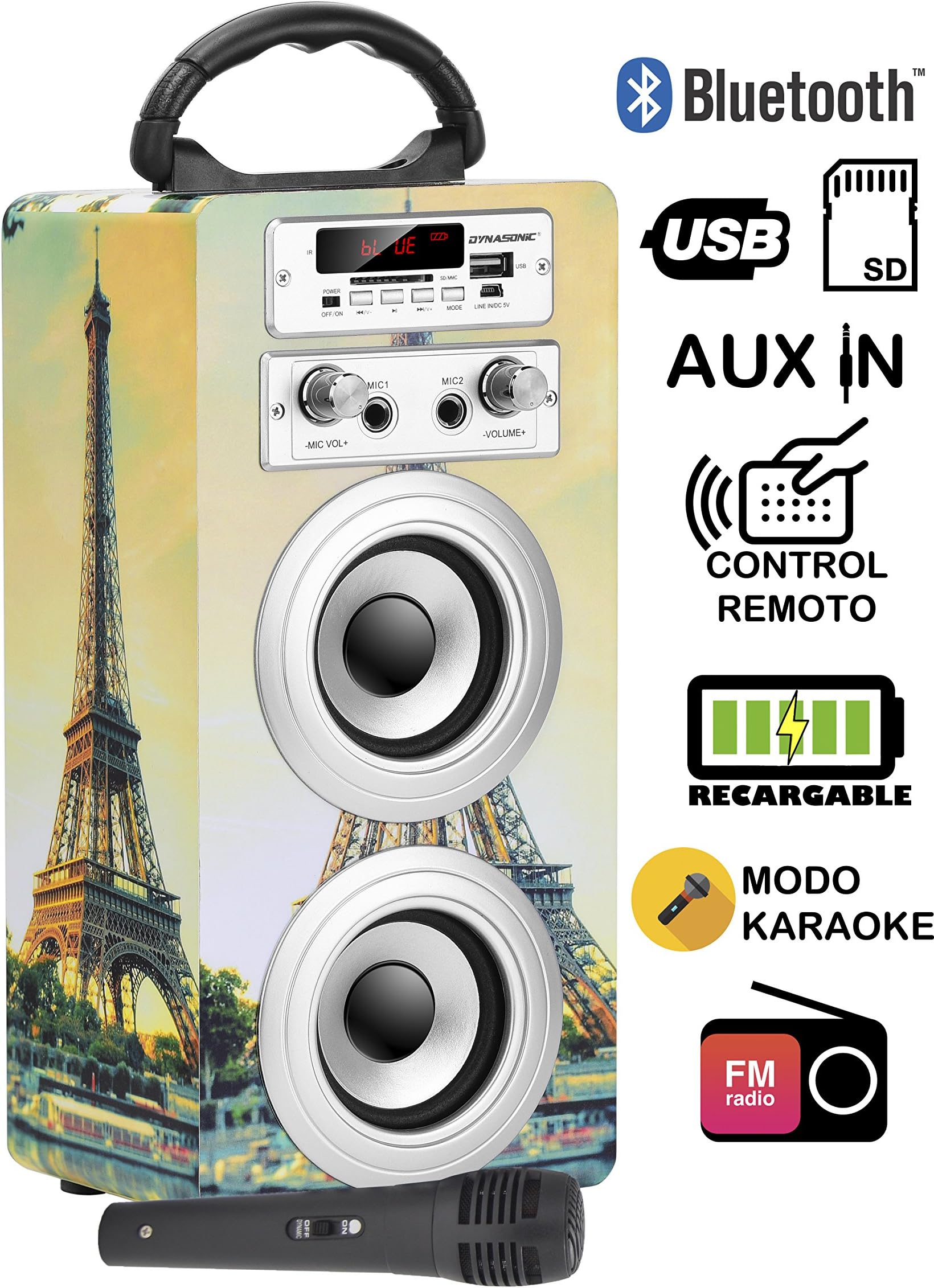 DYNASONIC 025-11 Portable Bluetooth Speaker with Karaoke Mode, FM Radio and USB SD Reader - Yellow