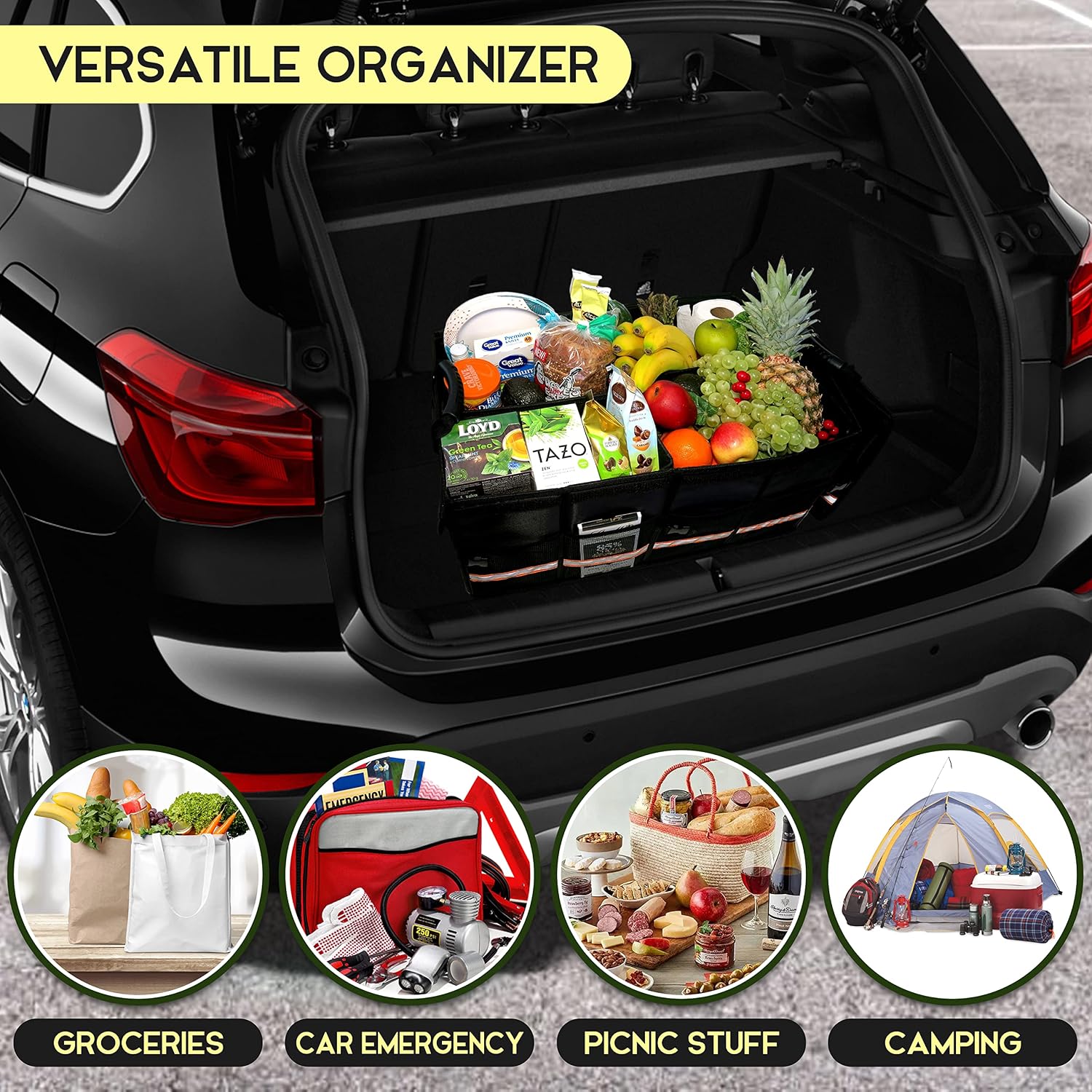 Extra Large Heavy Duty Car Trunk Storage Organizer, SUV Trunk Cargo Storage With Lids, 3-in-1 Collapsible Storage Water Resistant Trunk Cuddy