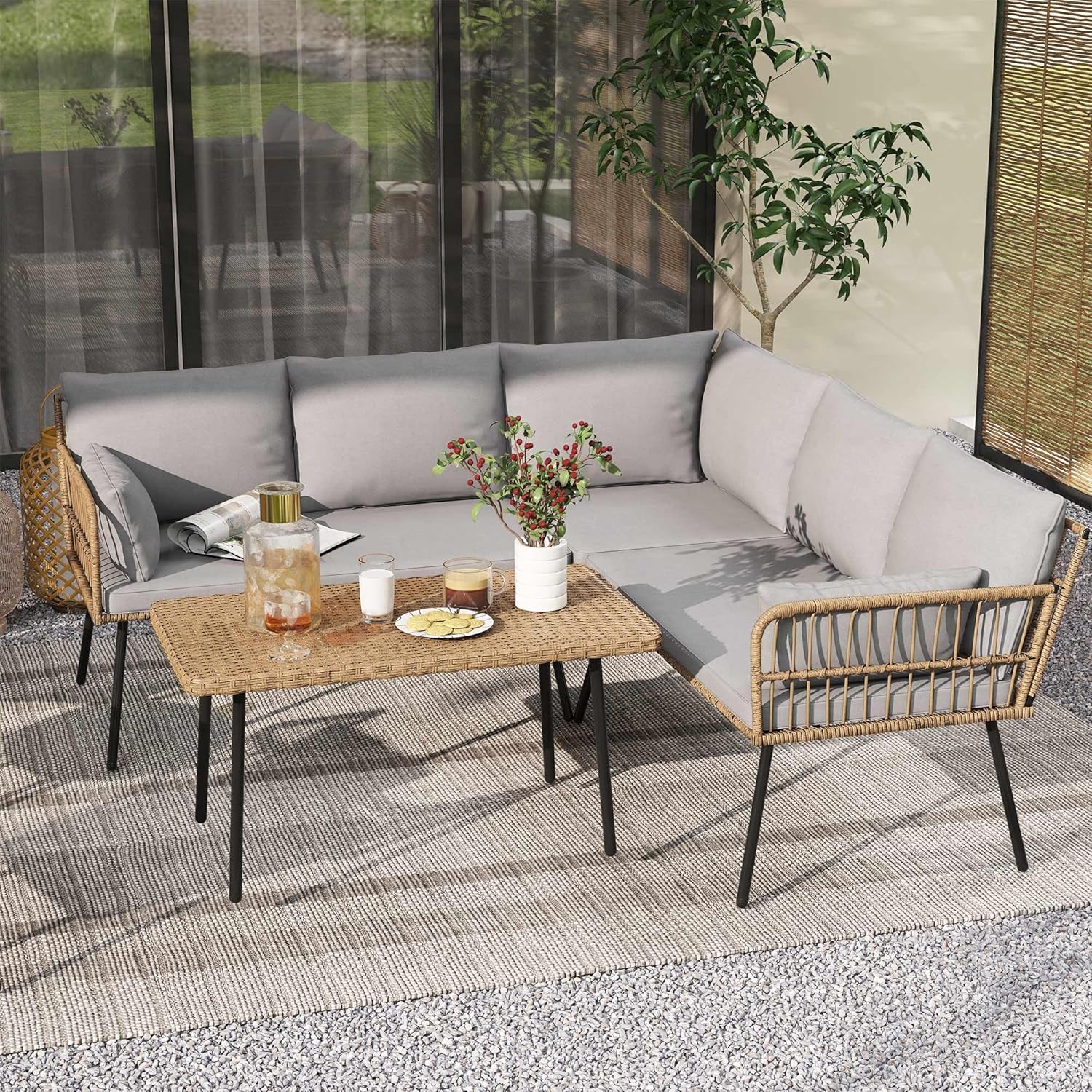 DWVO 4-Piece All-Weather Wicker L-Shaped Outdoor Sectional Sofa, 5-Seater Patio Set with Cushions & Side Table, Grey Boho Style