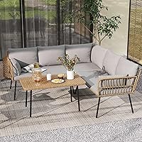 DWVO 4-Piece All-Weather Wicker L-Shaped Outdoor Sectional Sofa, 5-Seater Patio Set with Cushions & Side Table, Grey Boho Style
