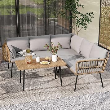 DWVO 4-Piece Outdoor Sectional Sofa Set, All-Weather Wicker L-Shaped 5-Seater Patio Furniture with Removable Cushions & Side Table, Boho Conversation Set for Backyard, Porch, Deck Grey