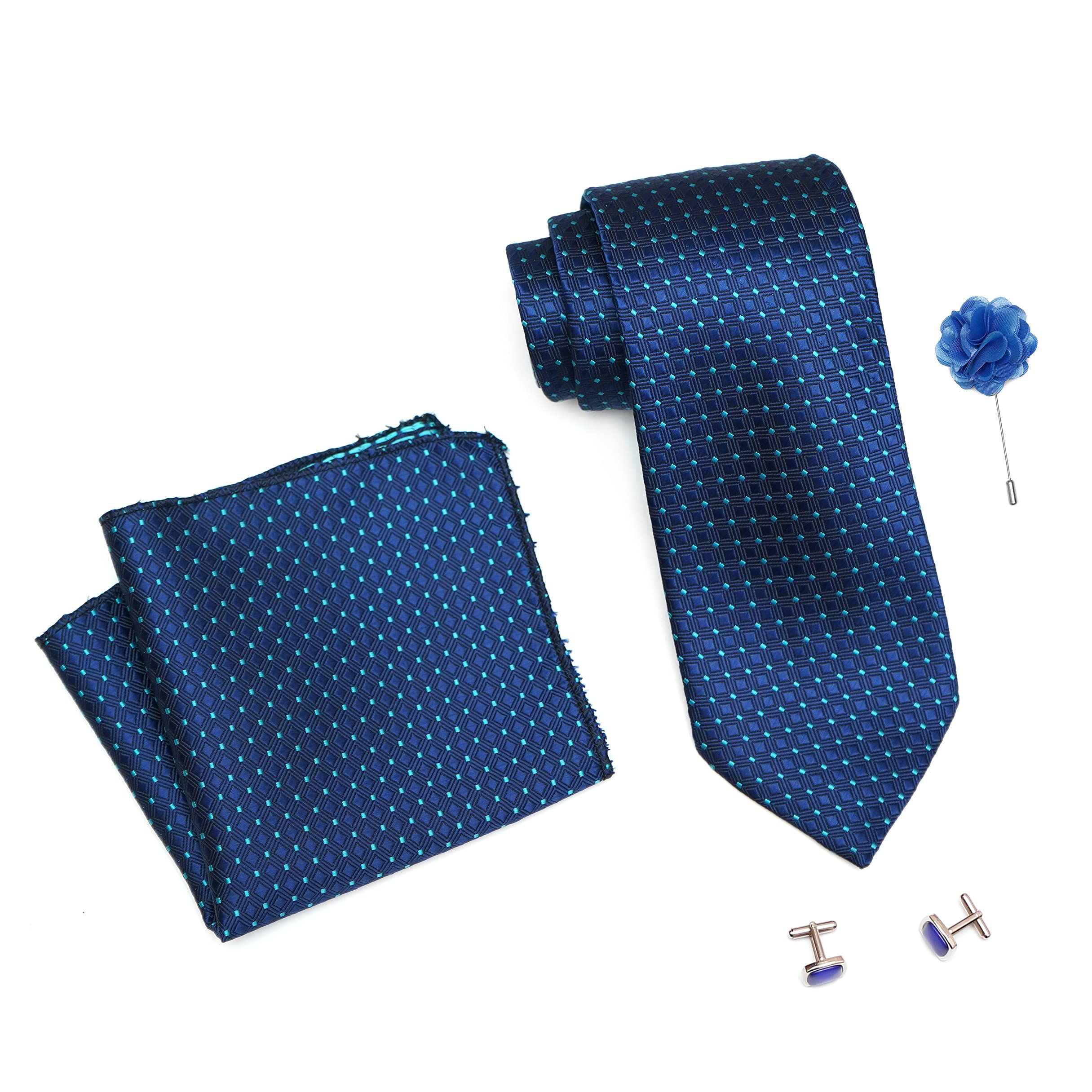 RIZORO Tie for Men – Dotted Silk Neck Ties Set with Cufflinks Flower Pin, Pocket Square & Black Gift Box, Combo Necktie Sets for Office Wear, Formal Suits & Weddings (Blue, A13BLRX) 3