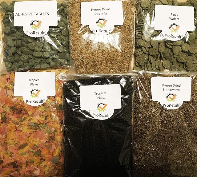 PROREZULT Tropical Fish Food 6 Packs, Flake, Granules, Freeze Dried Bloodworm, Algae Wafers, Daphnia, Adhesive Stick on Glass Tablets