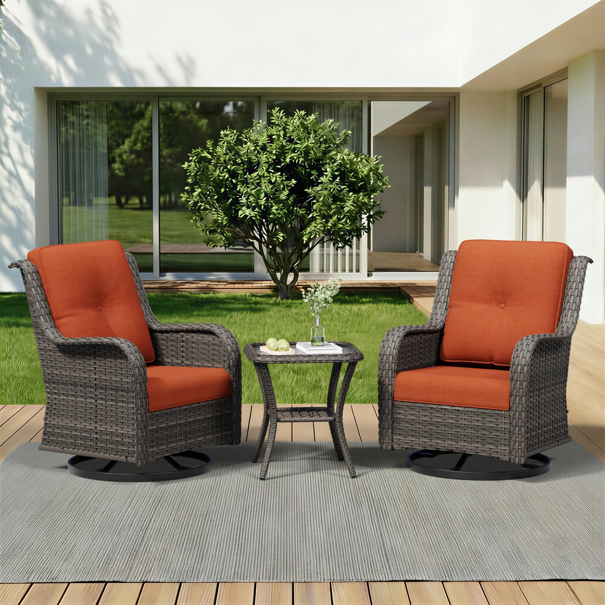 3 Piece Outdoor Wicker Patio Furniture Set, Swivel Rocker Patio Chairs Set with Thickened Olefin Cushions, High Back and Deep Seating, Hand-Woven PE Rattan for Porch, Deck