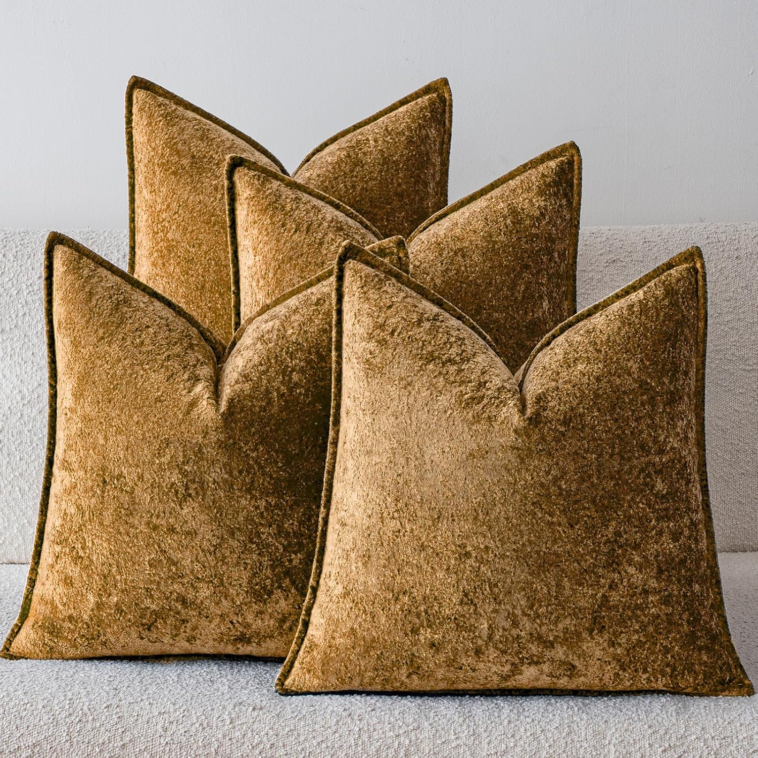 a moment Throw Pillow Covers 20X20 Inch 4 Packs,Soft Velvet Decorative Pillow Cases with 3D Ice Flower,Texture Modern Accent Cushion Covers for Sofa Couch Home Decor Golden Brown