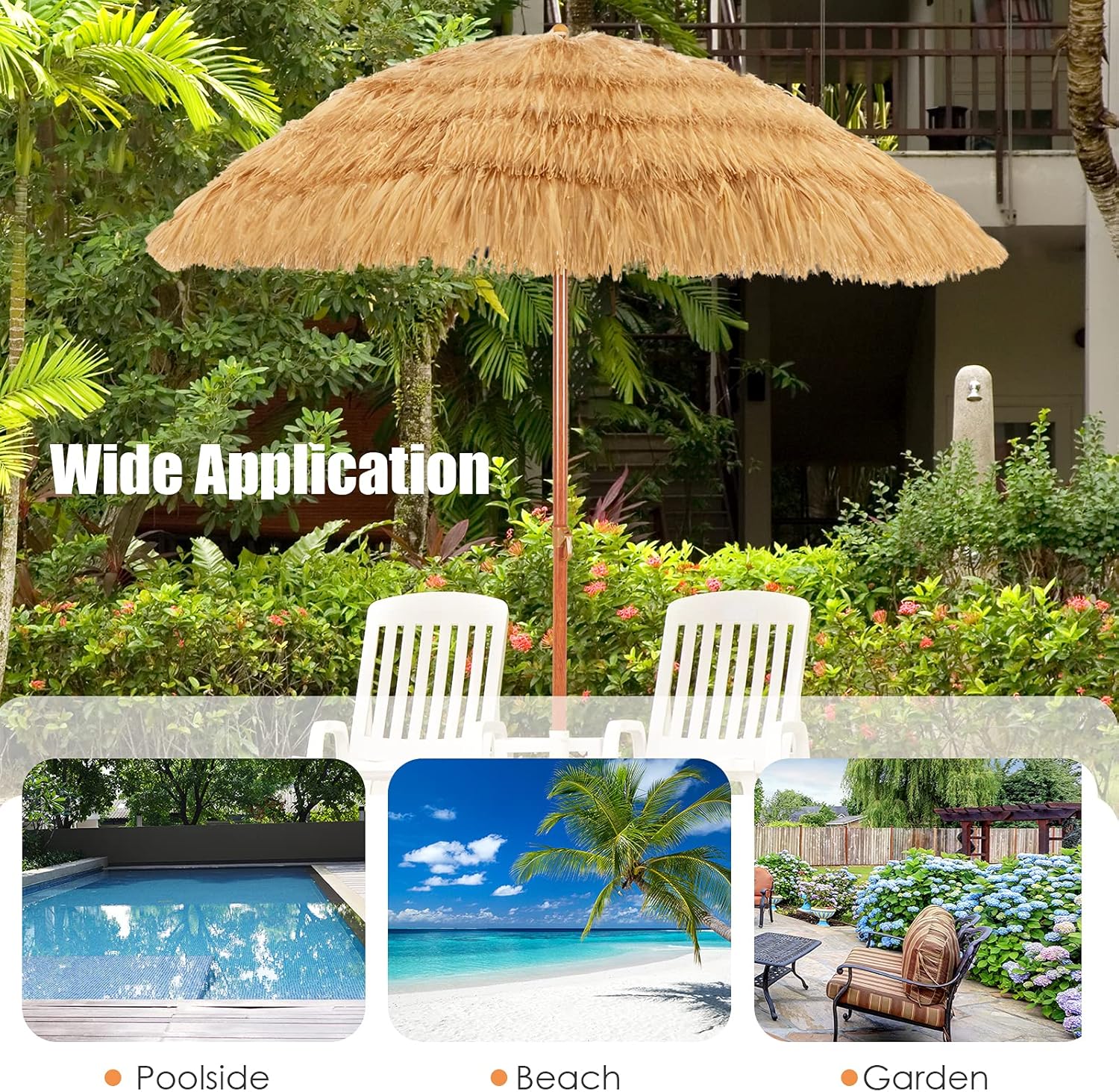 RELAX4LIFE 6.5FT Thatched Tiki Patio Umbrella - Hawaiian Style Hula Grass Umbrella w/Tilt Adjustment, 8 Ribs, Portable Tropical Palapa Straw Shade for Garden Pool, Outdoor Straw Beach Umbrella