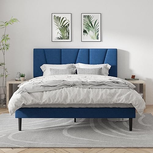 Miniatura 11 de Base de cama de plataforma tamaño King con cabecera tapizada geométrica, sin ruido, soporte de listones de madera, no necesita somier, fácil Gris