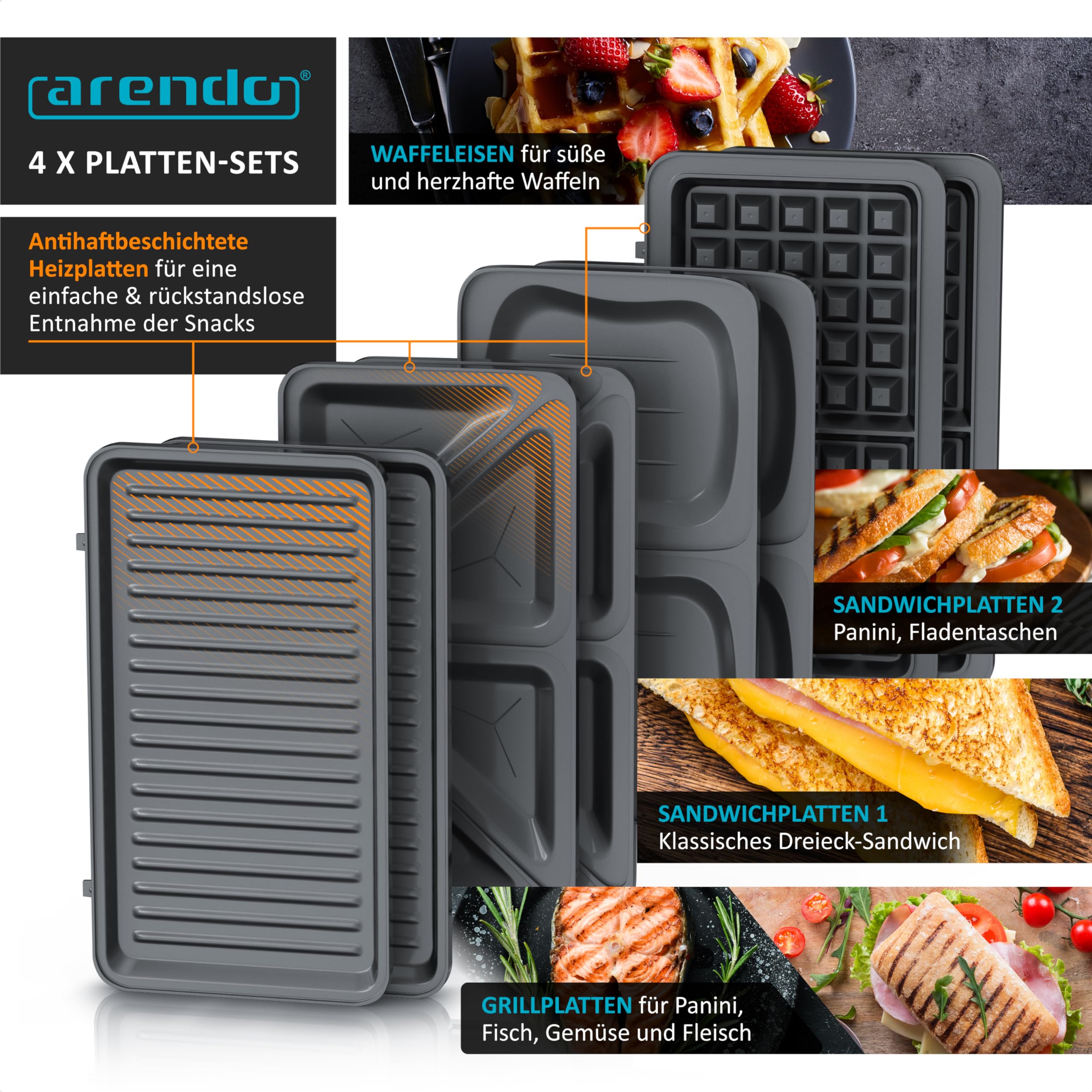 Arendo -Sandwichmaker mit Wechselplatten - Waffeleisen doppelt - 4 in 1 - Panini Maker Kontaktgrill - Antihaftbeschichtung - BPA frei - Temperaturkontrolle – Sandwich Maker - Sandwichtoaster