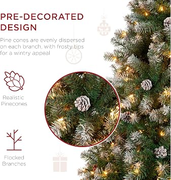 Best Choice Products 4.5ft Pre-Lit Pre-Decorated Pine Artificial Christmas Tree w/Twinkling LEDs, 450 Flocked Frosted Tips, 32 Pinecones, 150 Lights, Base