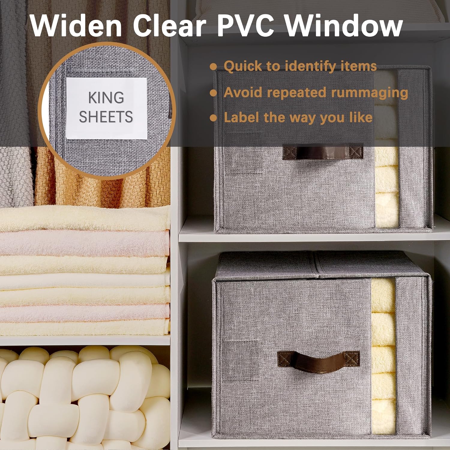 VECELO 2 IN 1 Foldable Sheet Organizer for Linen Closet with Window and Label, Bedding Storage Box for Blanket Queen and King Sheets Set Comforter Pillow, 2 Pack