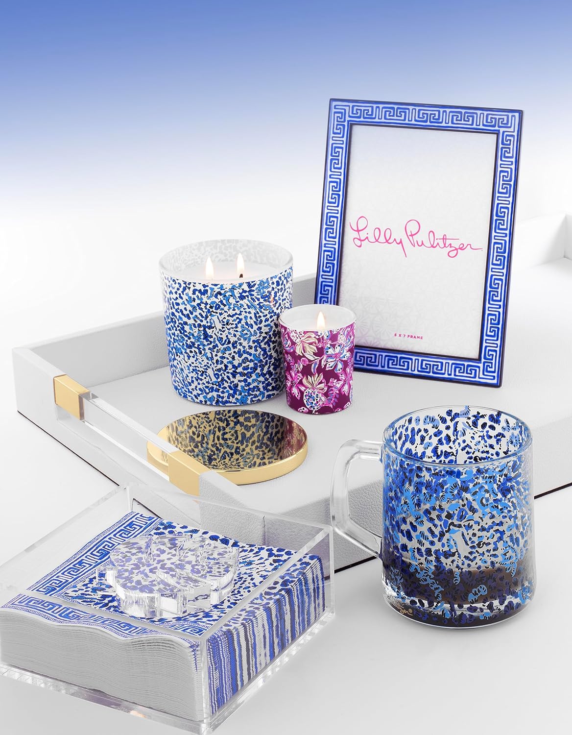 Lilly Pulitzer 5x7 Blue Picture Frame, Decorative Photo Frame for Tabletop, Beach Frame with Glass Front, Greek Key