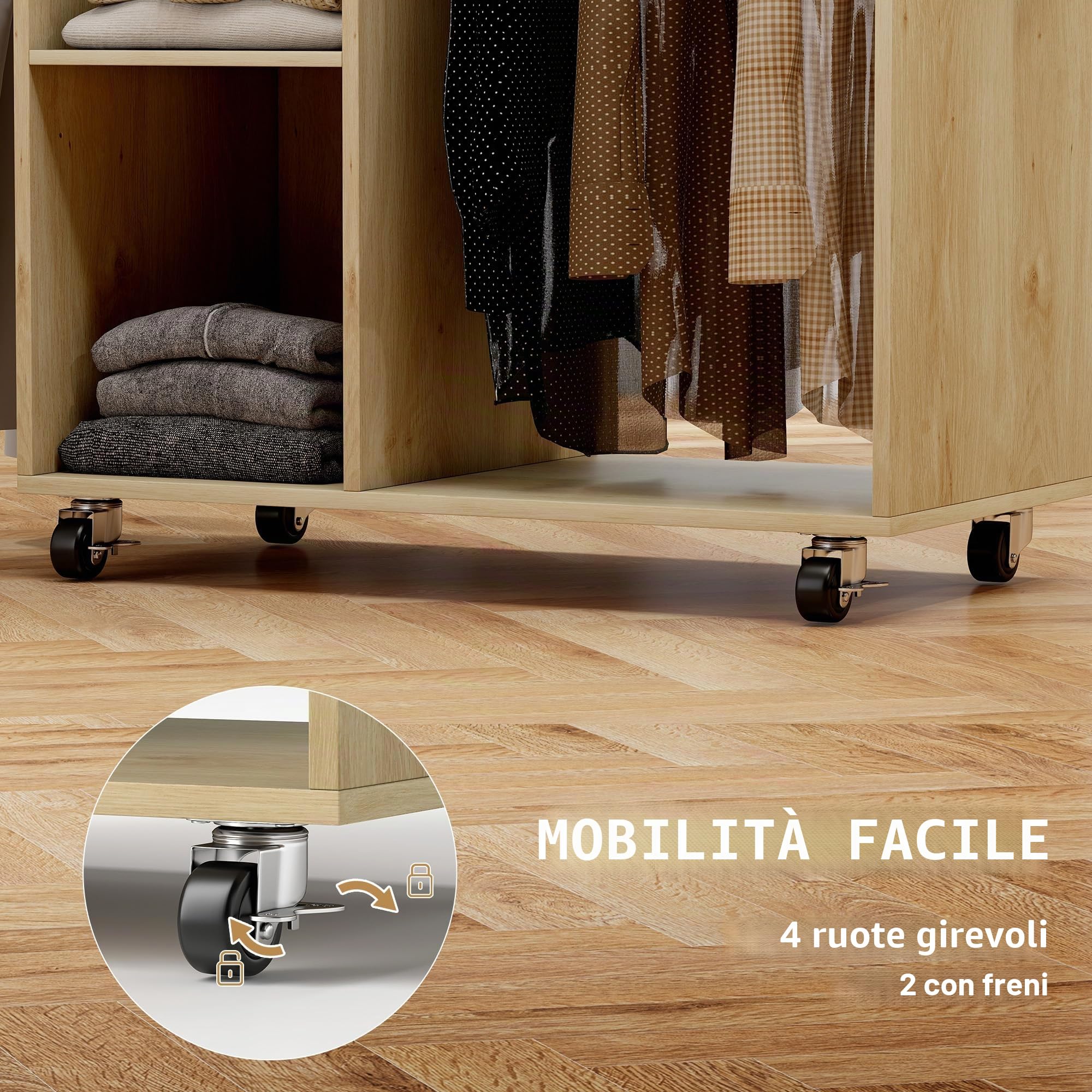 HOMCOM Armadio da stiro in legno, asse da stiro con rotelle, asta appendiabiti, ripiano aperto, per soggiorno, camera da letto, 125 x 43,5 x 102,5 cm, legno naturale
