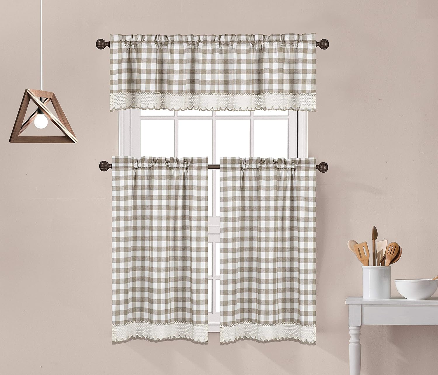 Decotex 3 Piece Buffalo Check Plaid Gingham Crochet Lace Trimmed Kitchen Window Curtain Tiers & Valance Set (24" Tiers with 14" Valance, Taupe/Beige)
