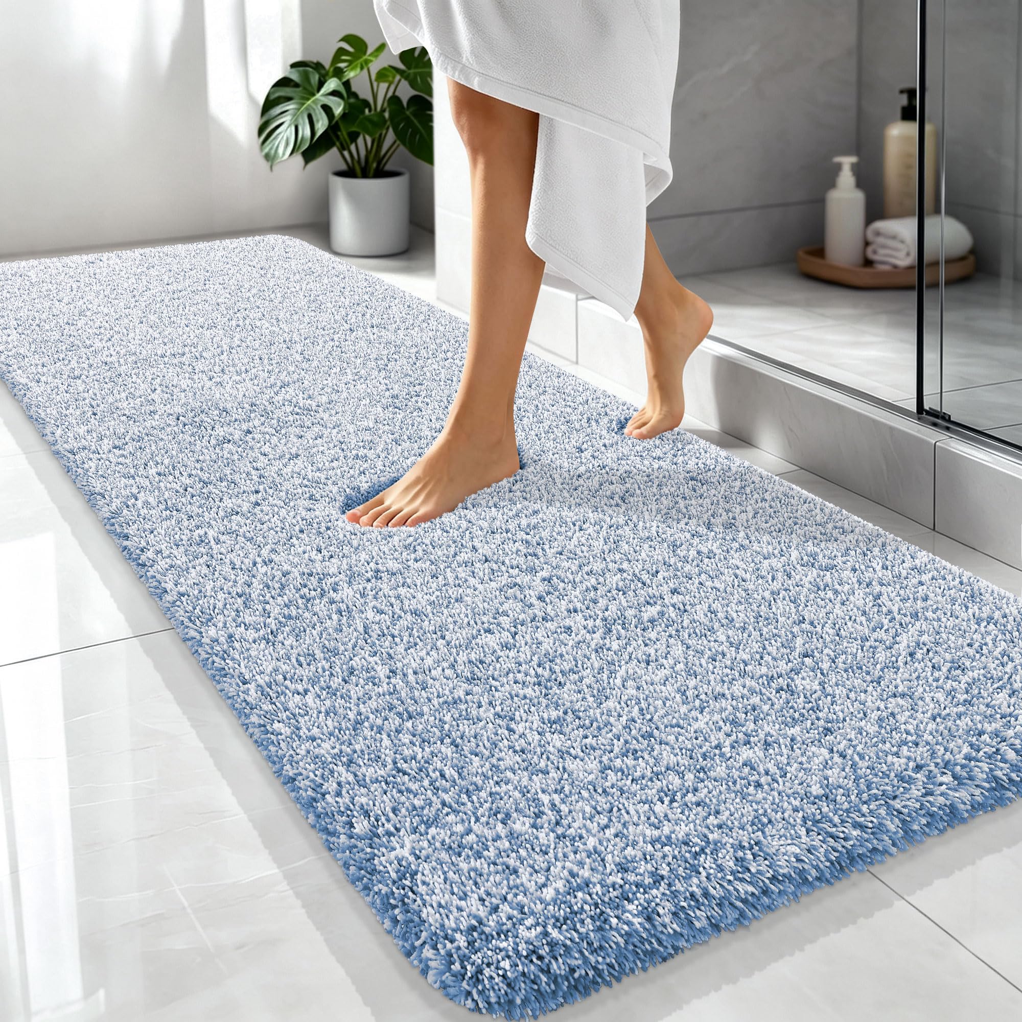 OLANLY Microfiber Soft Bathroom Rugs Mats 70x24, Cornflower Blue and White