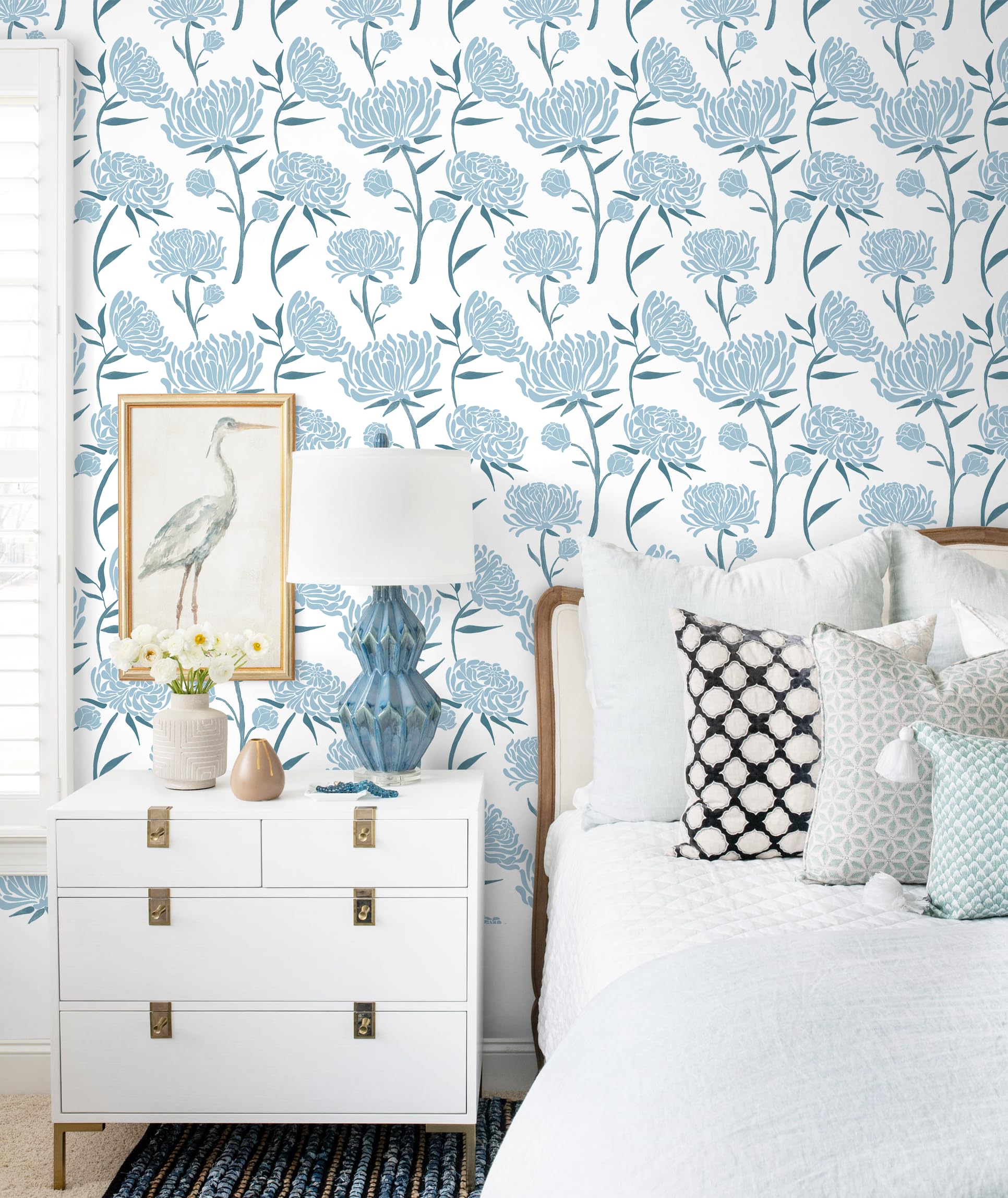 Condition photo showing New/Like New for HeloHo Blue Floral Wallpaper Peel and Stick Modern Removable Contact Paper Self Adhesive Renter Friendly Wall Paper for Bedroom Bathroom Cabinet Vinyl Rolls 118"x17.3"