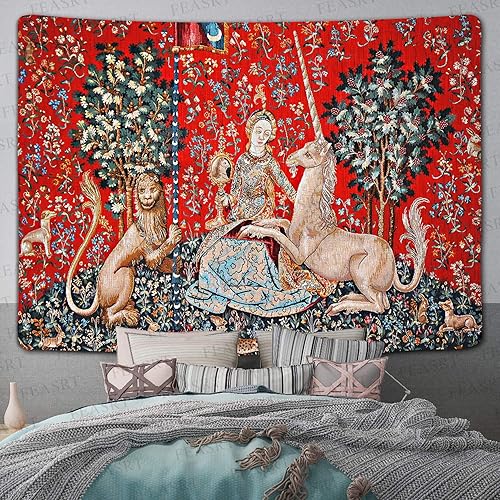 Miniatura 4 de FEASRT Tapiz medieval de princesa europeo, tapiz real de La doncella y el unicornio, 80 x 60 pulgadas, para dormitorio, sala de estar, dormitorio,
