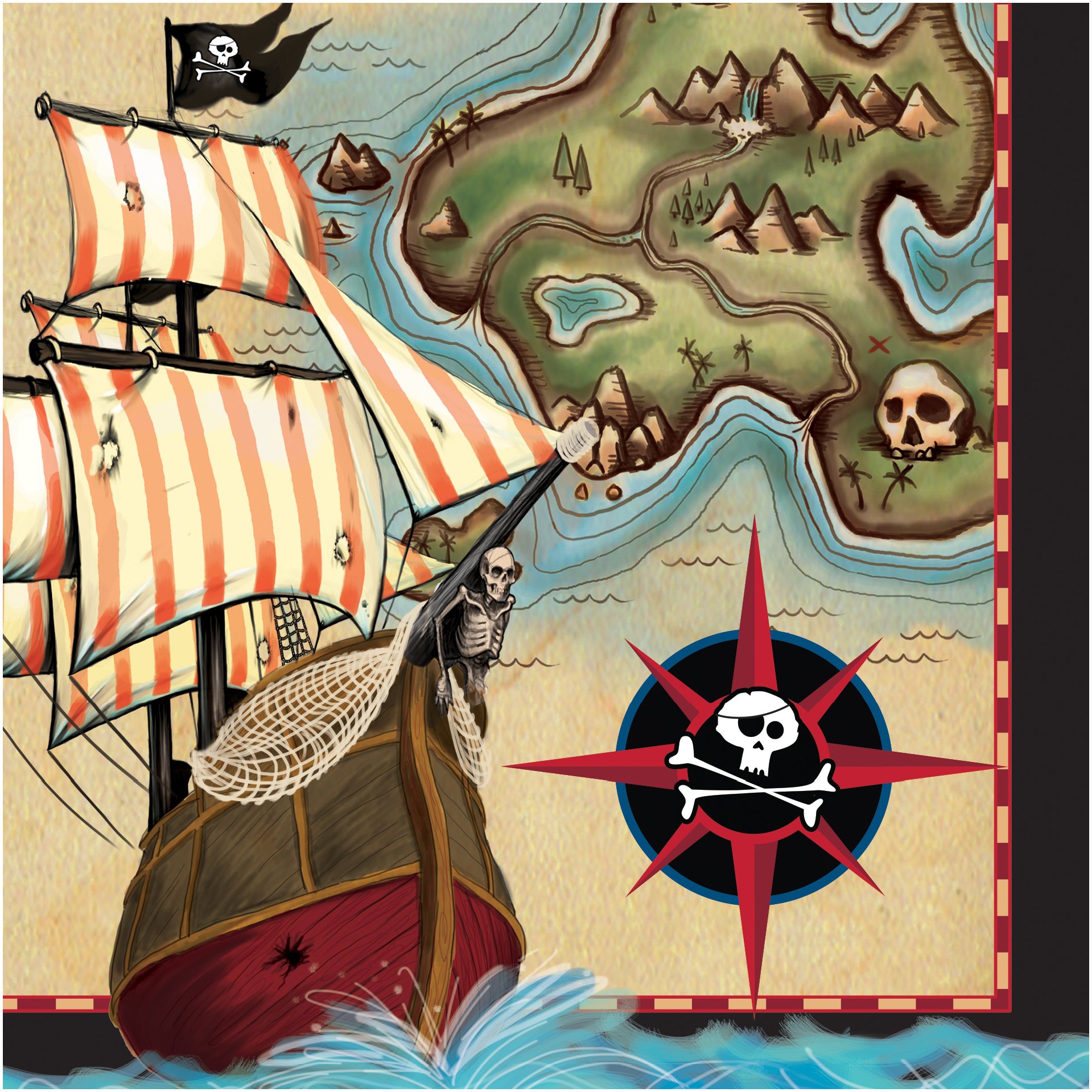 Creative Converting 16 Count Pirate's Map Lunch Napkins, Brown/Green