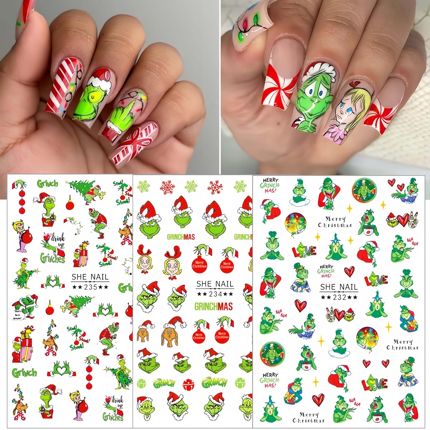 6 Sheets Christmas Nail Art Stickers Decals 3D Self-Adhesive Cute Cartoon Nail Art Designs Stickers Winter Xmas Green Monster Nail Decals Supplies for Women New Year Manicure DIY Nail Decoration